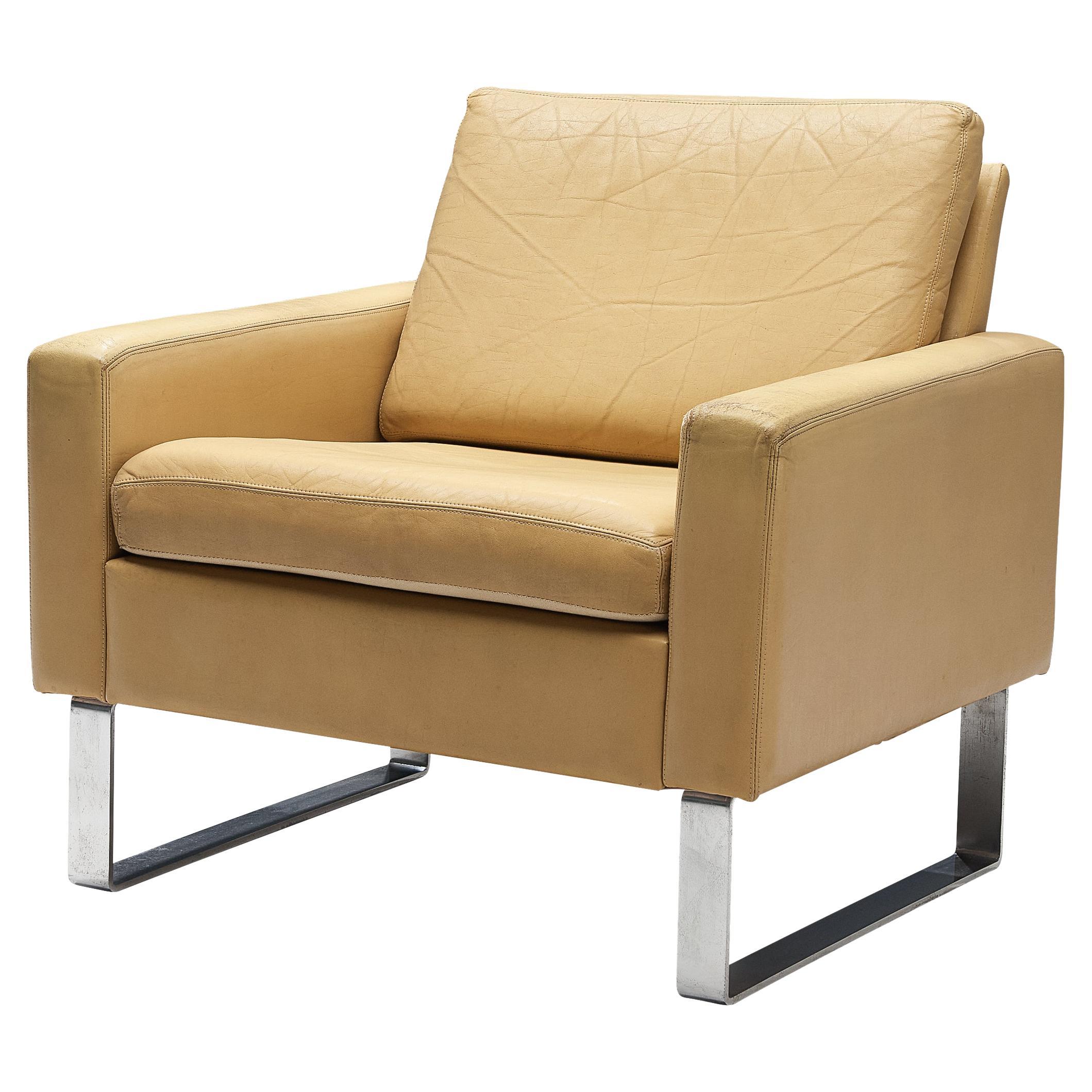 Lounge Chair in Camel Yellow Leather with Metal Base 