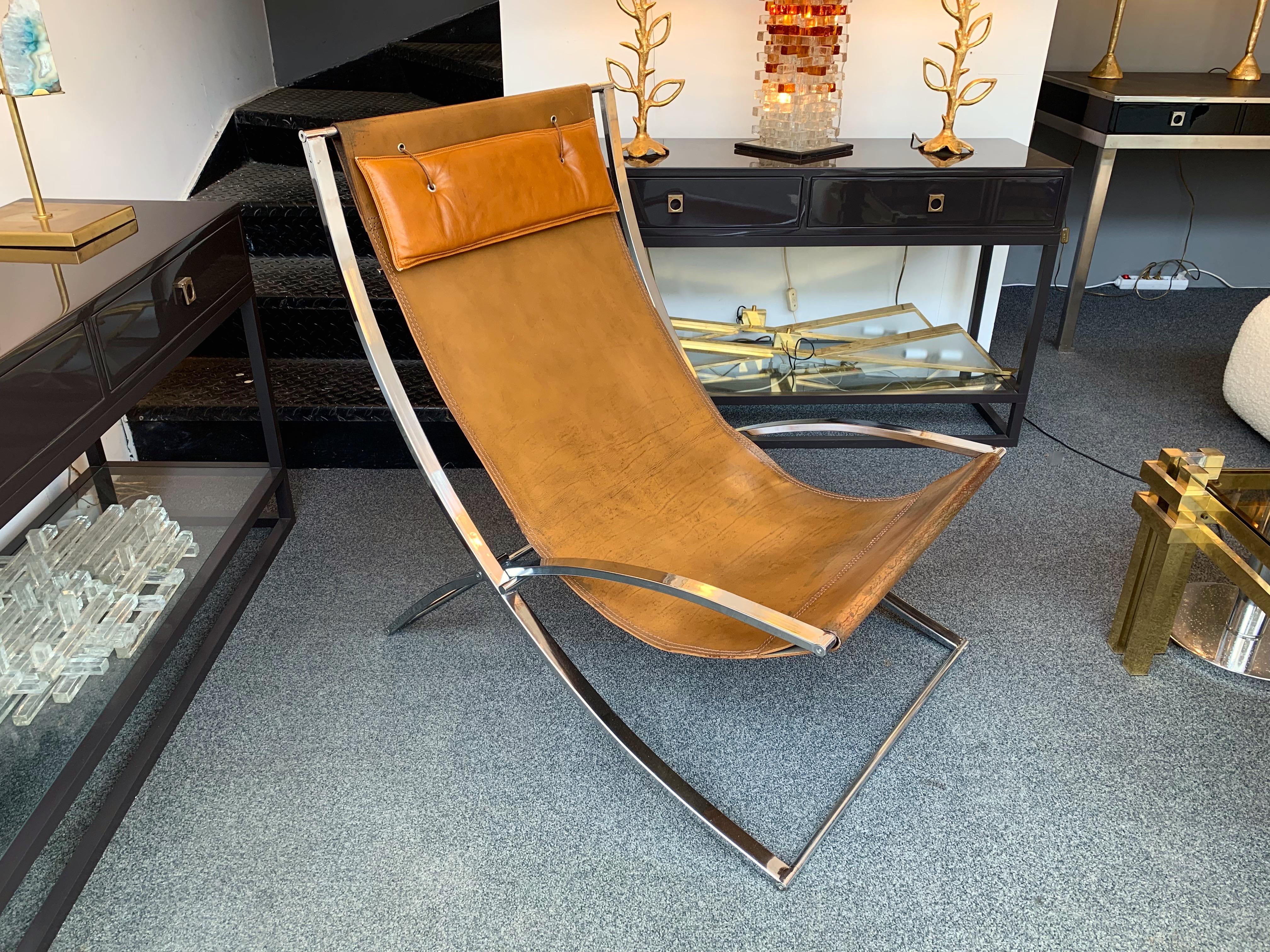 Lounge Chair Leather and Chrome by Marcello Cuneo, Italy, 1970s 4