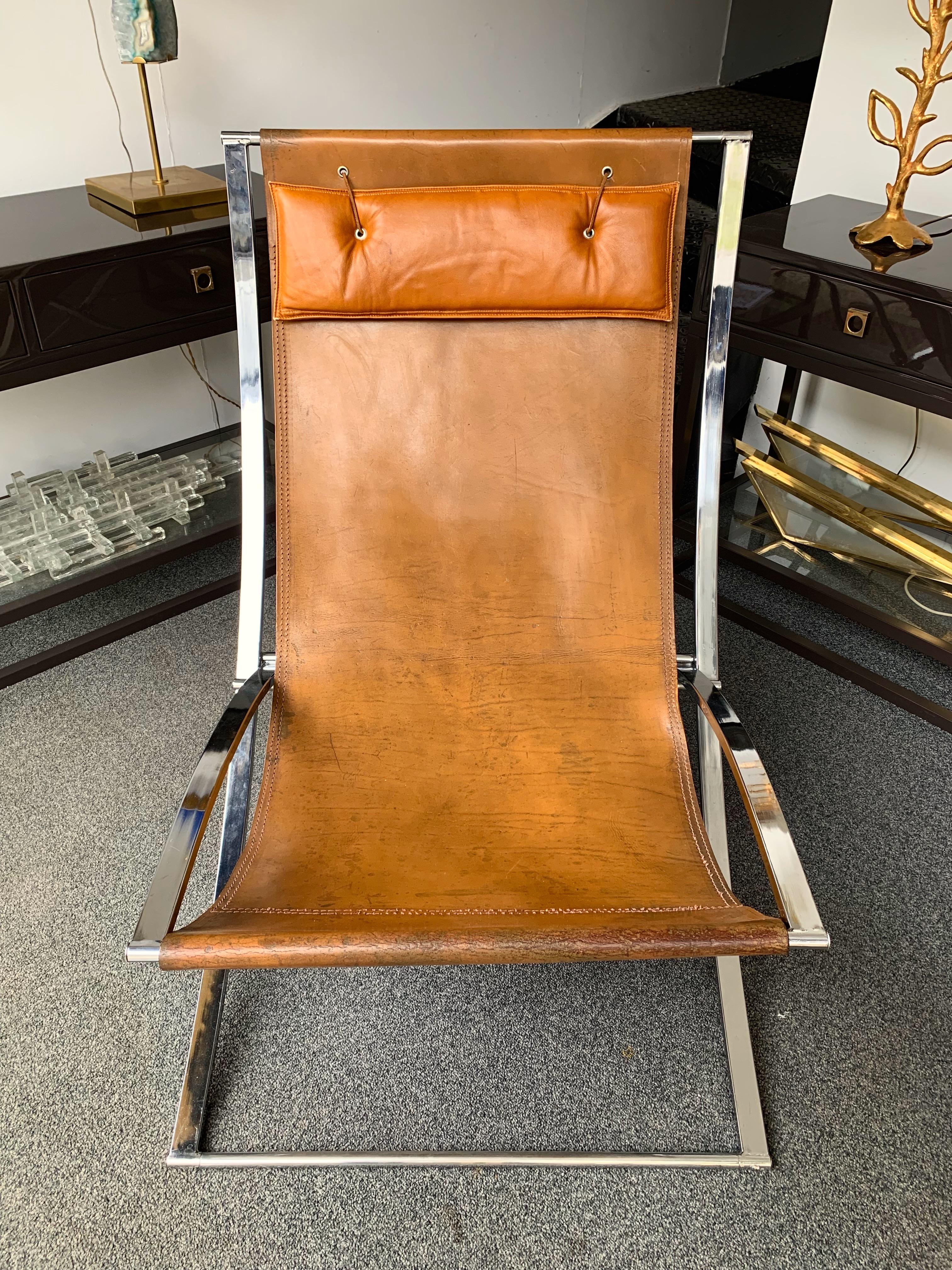 Lounge Chair Leather and Chrome by Marcello Cuneo, Italy, 1970s In Good Condition In SAINT-OUEN, FR