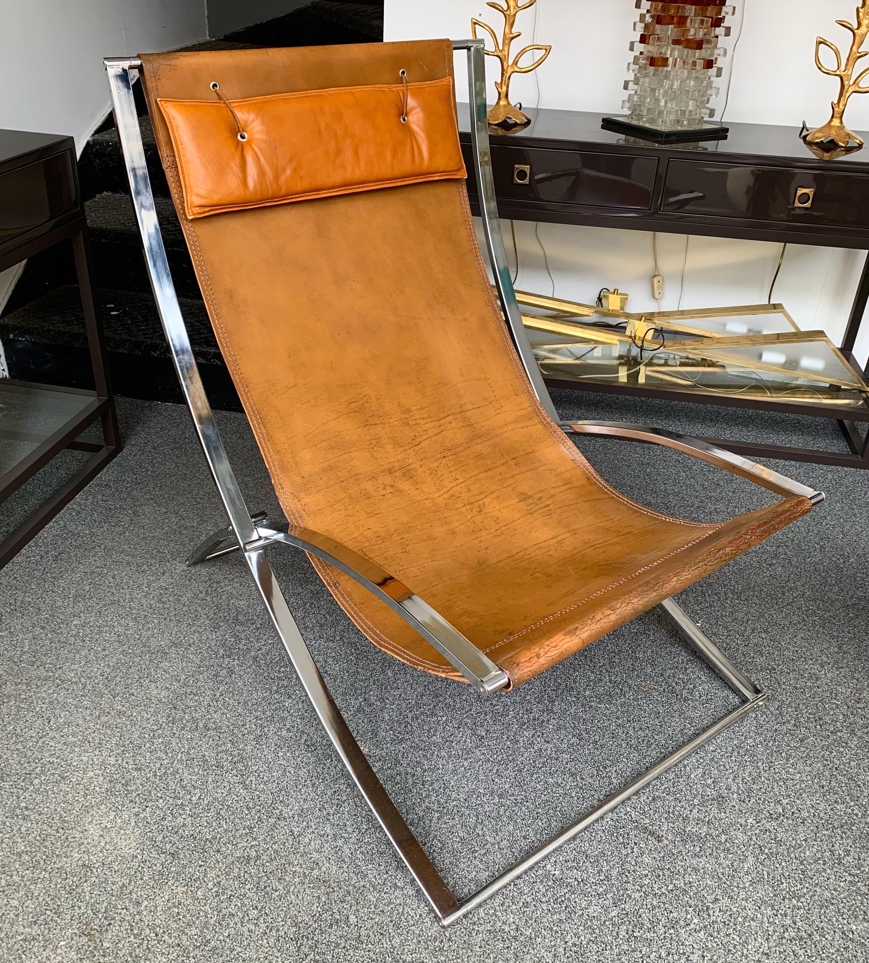 Lounge Chair Leather and Chrome by Marcello Cuneo, Italy, 1970s 2