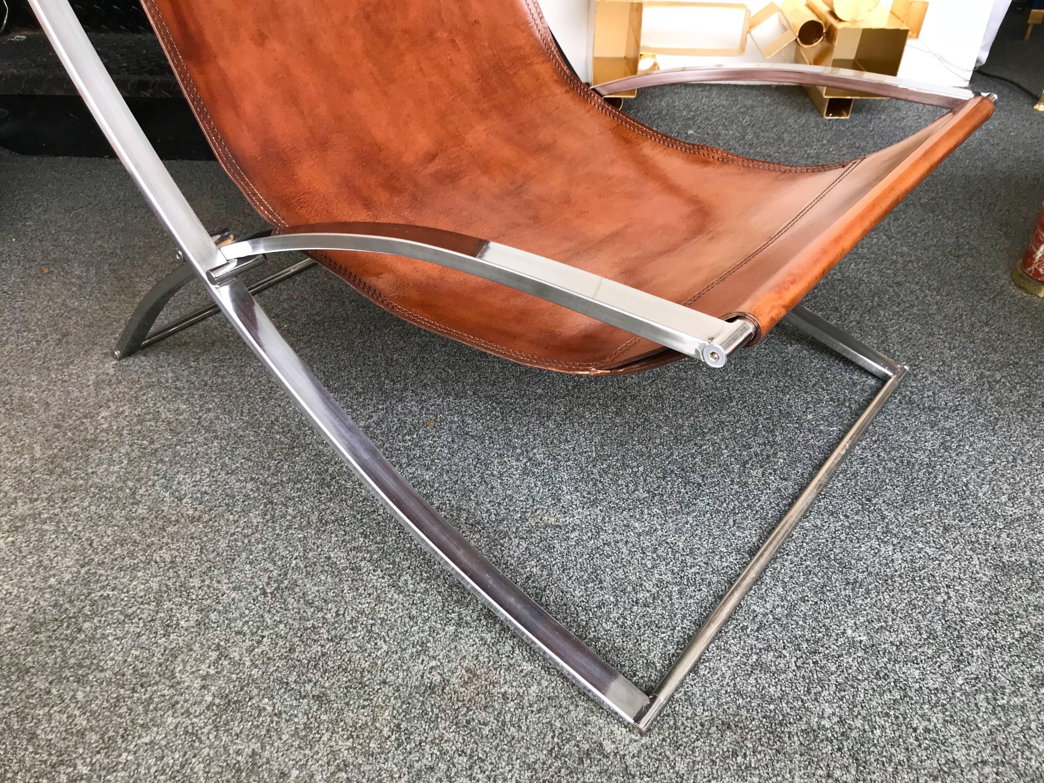 Metal Lounge Chair Leather and Chrome by Marcello Cuneo, Italy, 1970s