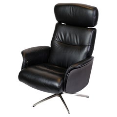 Lounge Chair Made In Black Leather & Aluminum Swivel From 1970s
