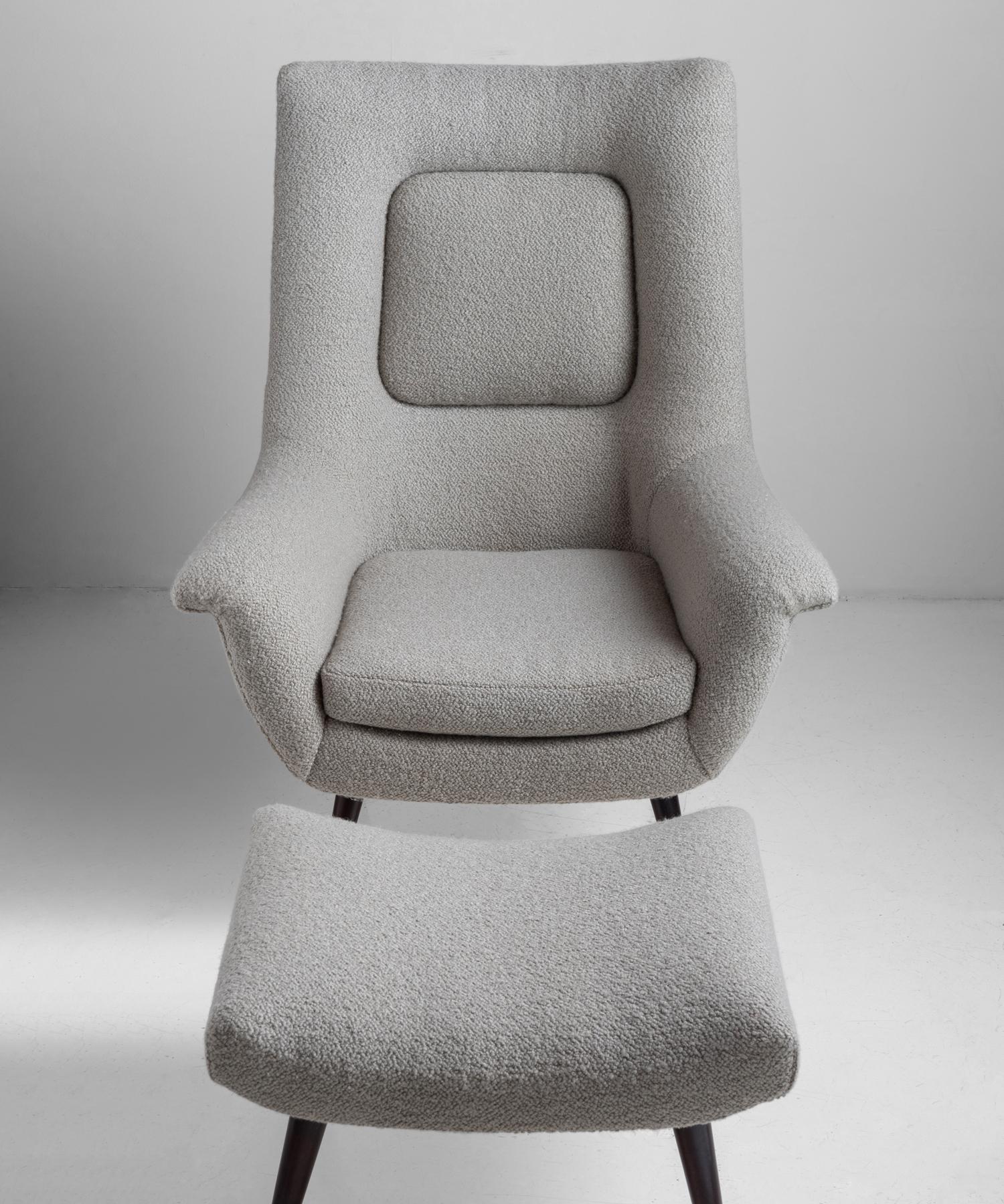 High back lounge chair with matching ottoman, newly upholstered in a textured wool blend from Maharam.
 
Chair Measures: 32