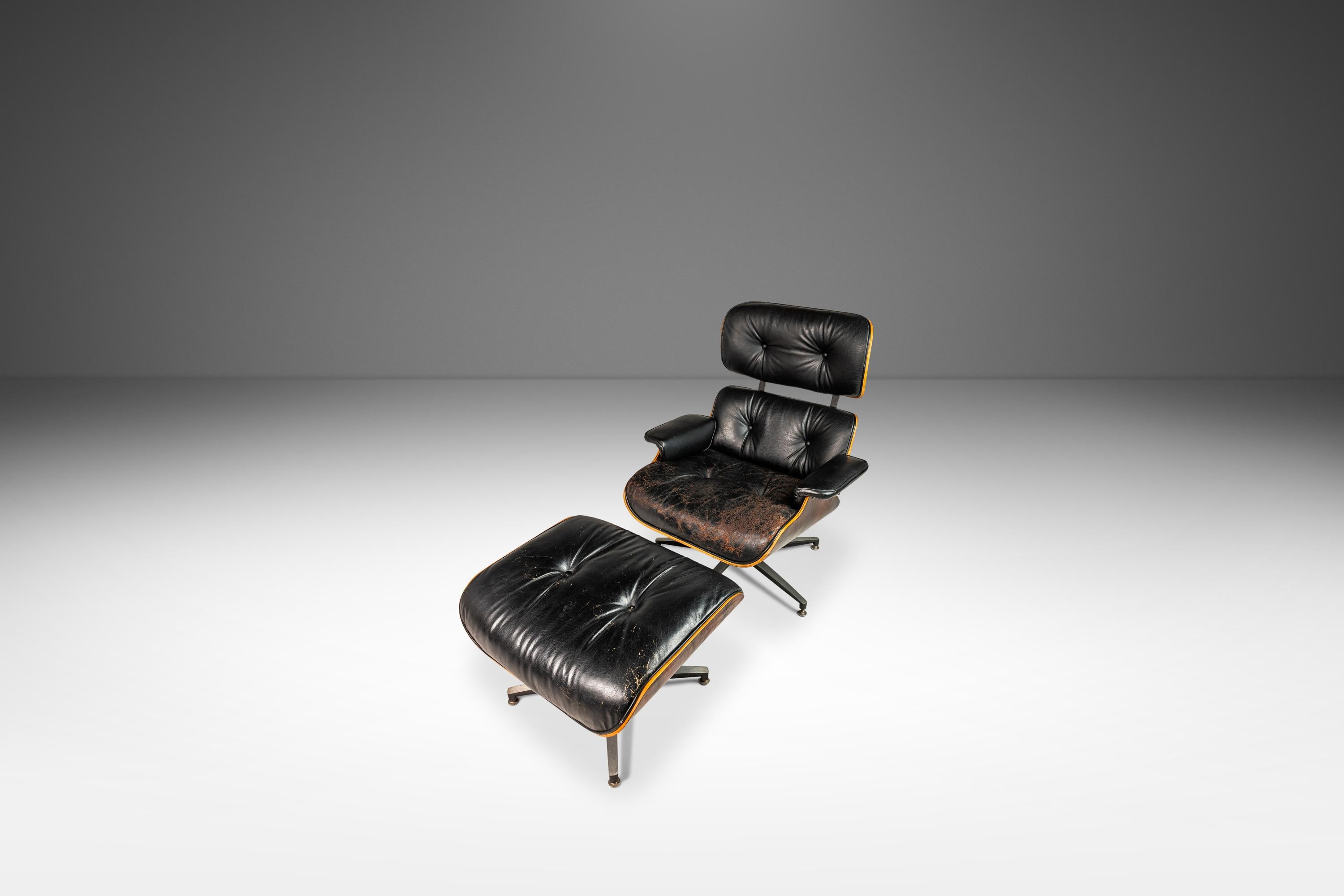 Introducing a gorgeous, vintage Mid-Century Modern lounge chair and ottoman set clearly modeled after the iconic 670 Lounge and Ottoman designed by Charles and Ray Eames for Herman Miller. Featuring bentwood 'shells' made from Brazilian rosewood