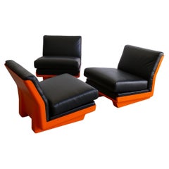 Loungesessel-Set in Orange und Schwarz, 1970er Jahre