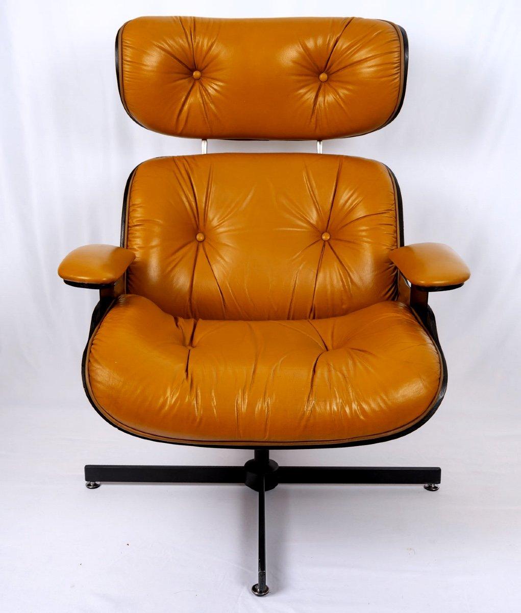 Fauteuil de salon & Son Ottoman - Cuir et aluminium - Designer Charles & Ray Eames - 1