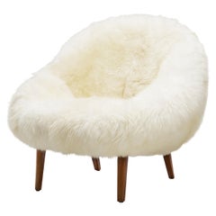 Lounge Chair Upholstered in Off-White Sheepskin, Denmark 1960s