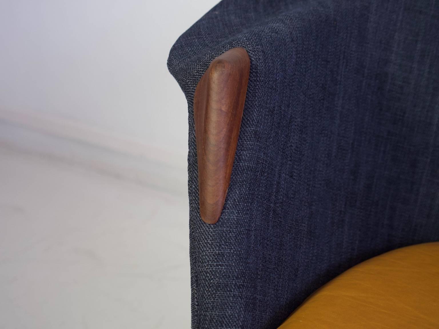 Lounge Chair Upholstered with Dark Blue Fabric and Cognac Leather on Oak Legs 3