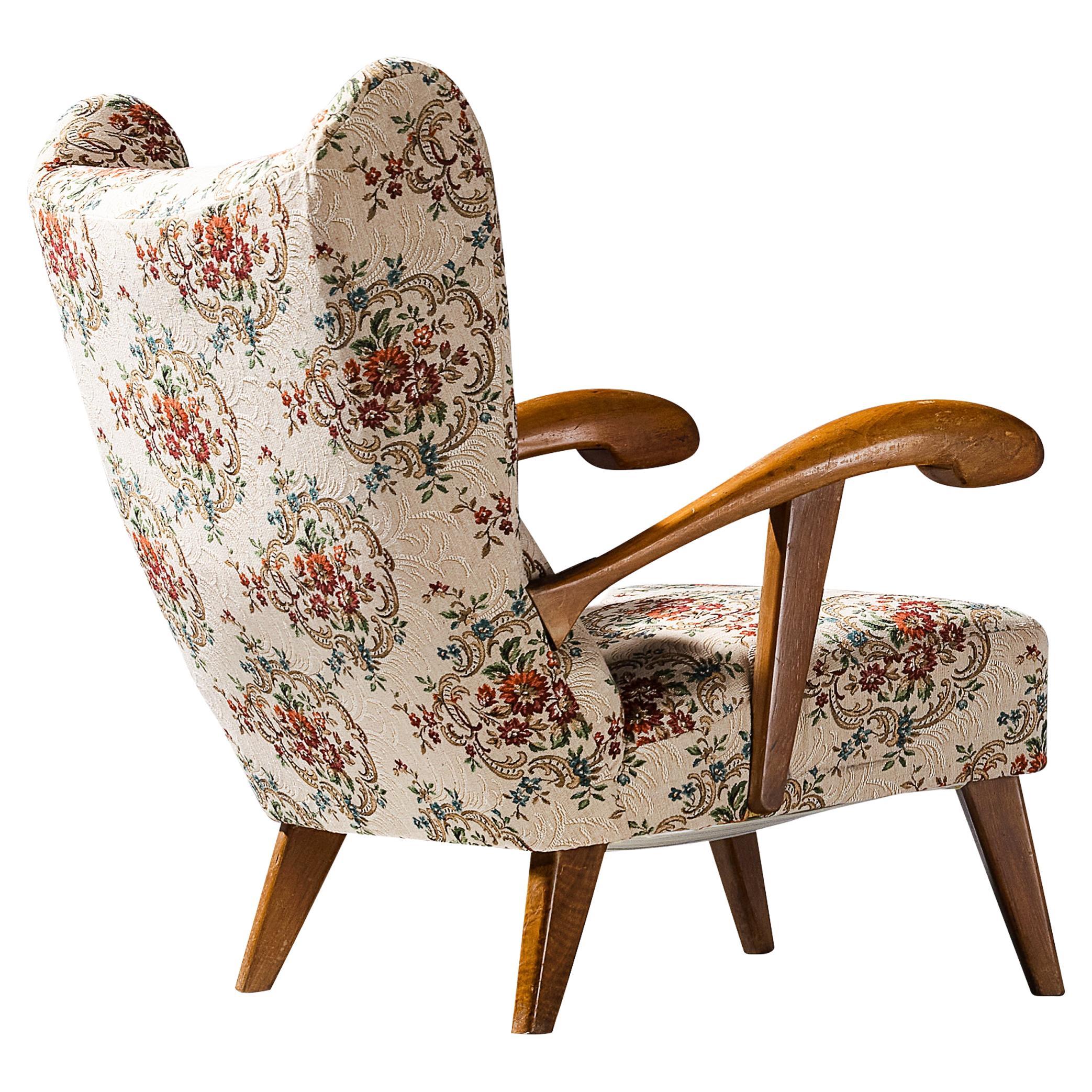 Lounge Chair with Off-White Floral Upholstery For Sale