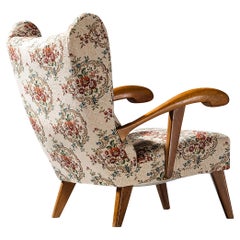 Antique Lounge Chair with Off-White Floral Upholstery