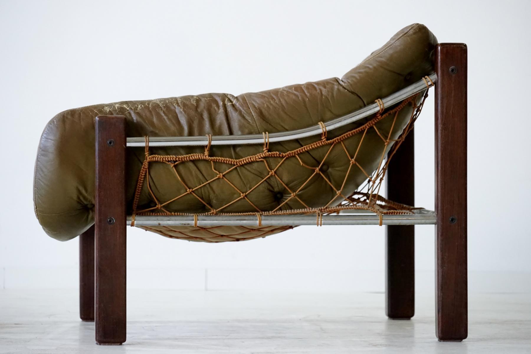 Mid-Century Modern Captain Lounge Chair with Ottoman by Jean Gillon Brazilian Leather Armchair
