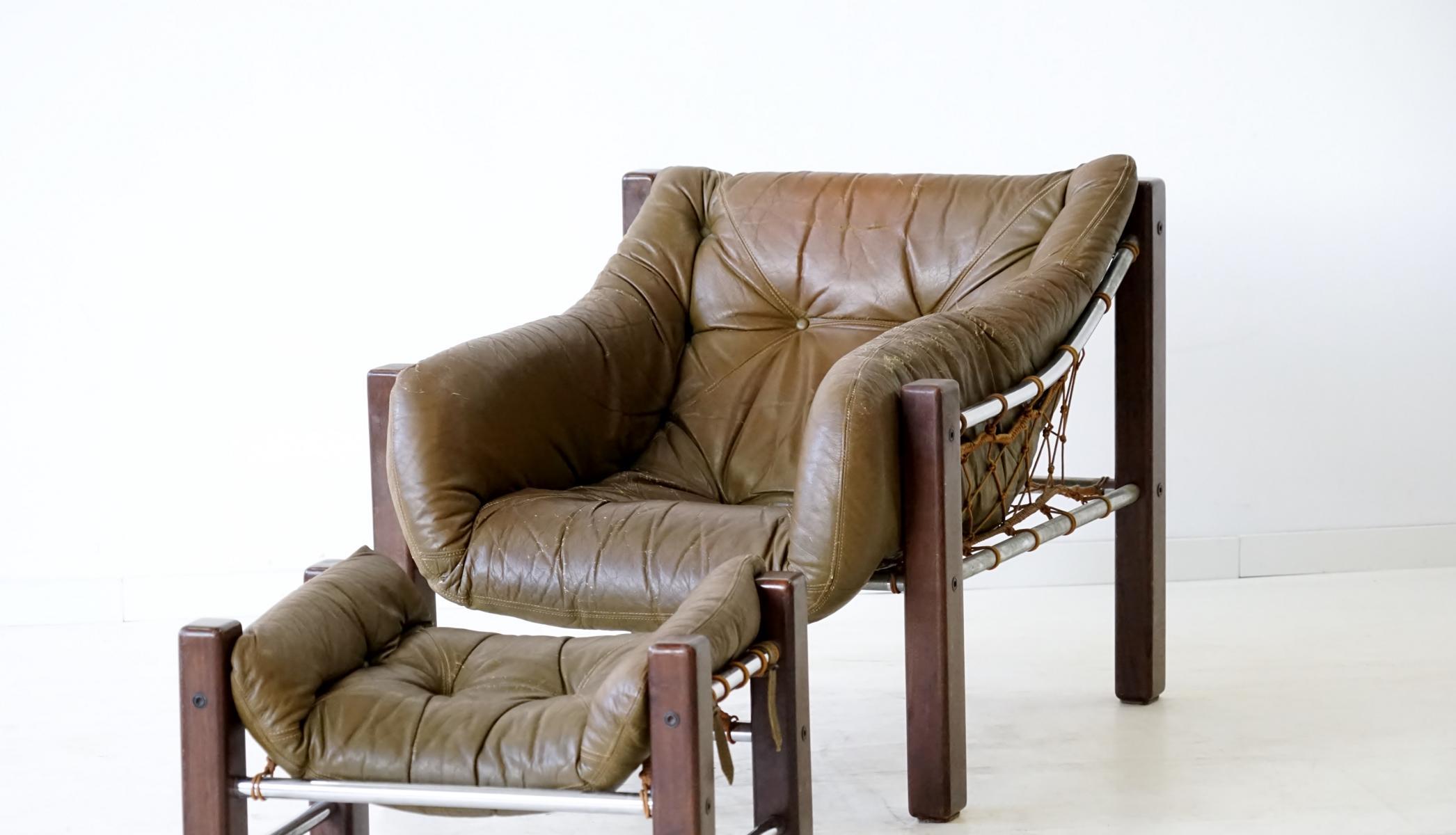 Mid-20th Century Captain Lounge Chair with Ottoman by Jean Gillon Brazilian Leather Armchair