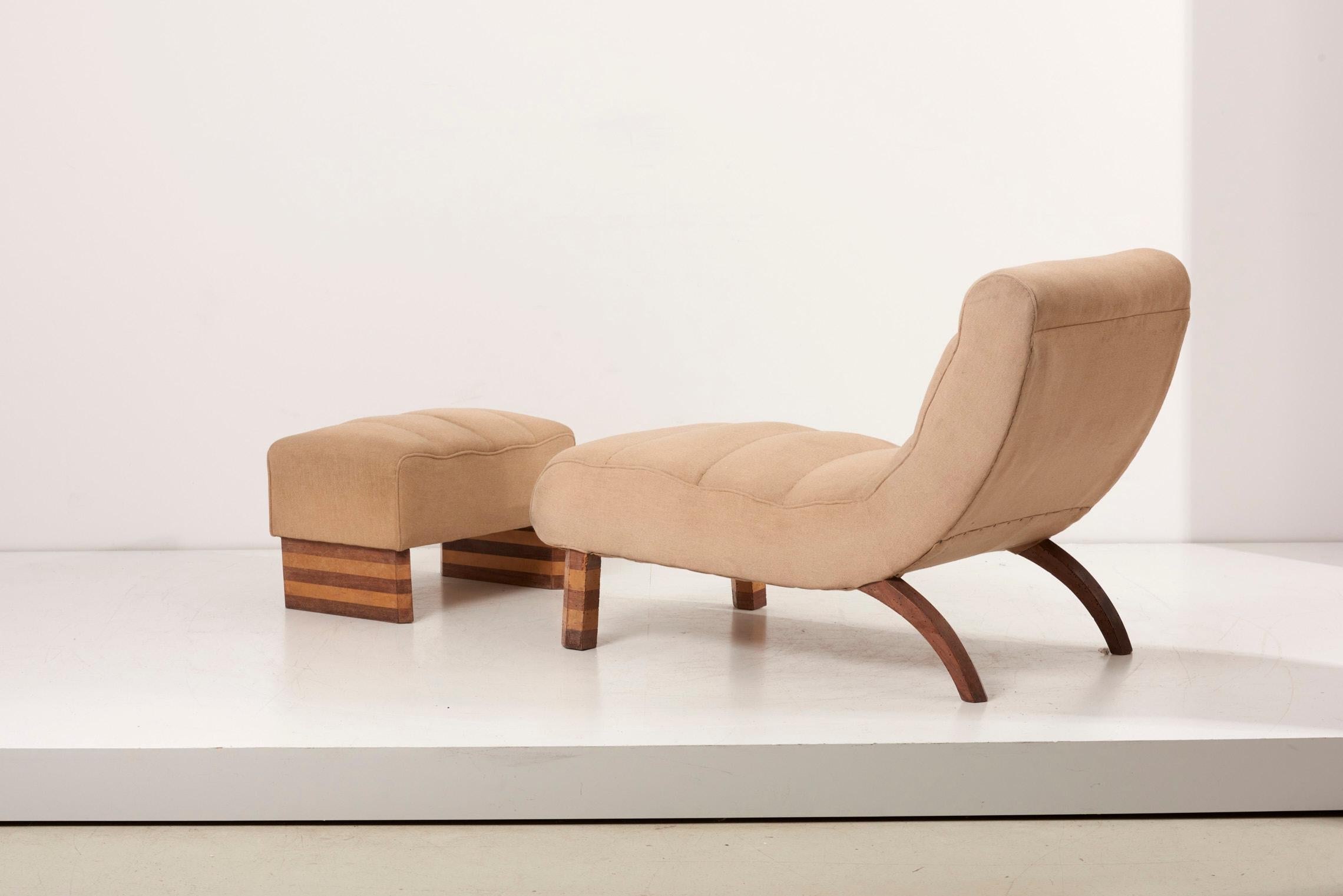 Italian Beige Rationalism Lounge Chair with Ottoman, Italy, 1920s 