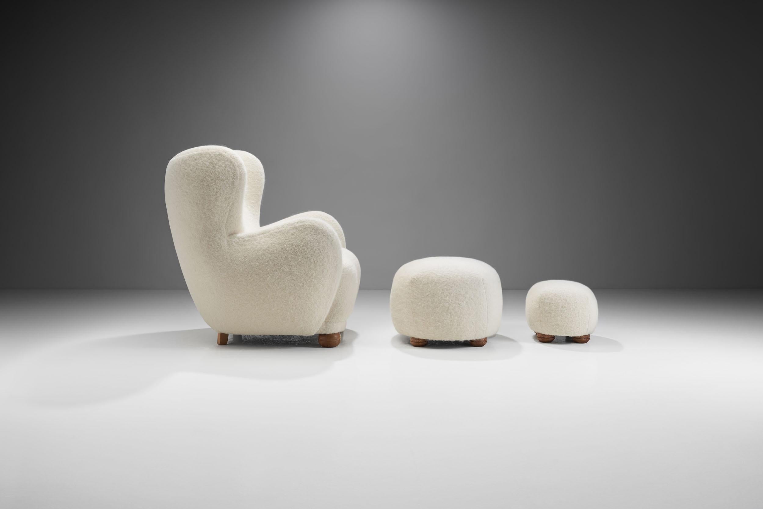 Wool Lounge Chair with Ottomans by Danish Cabinetmaker, Denmark, 1960s