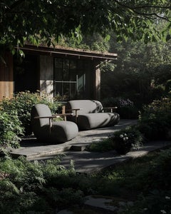 Lounge Chair With Teak Armrests in Stone Gray Outdoor Fabric