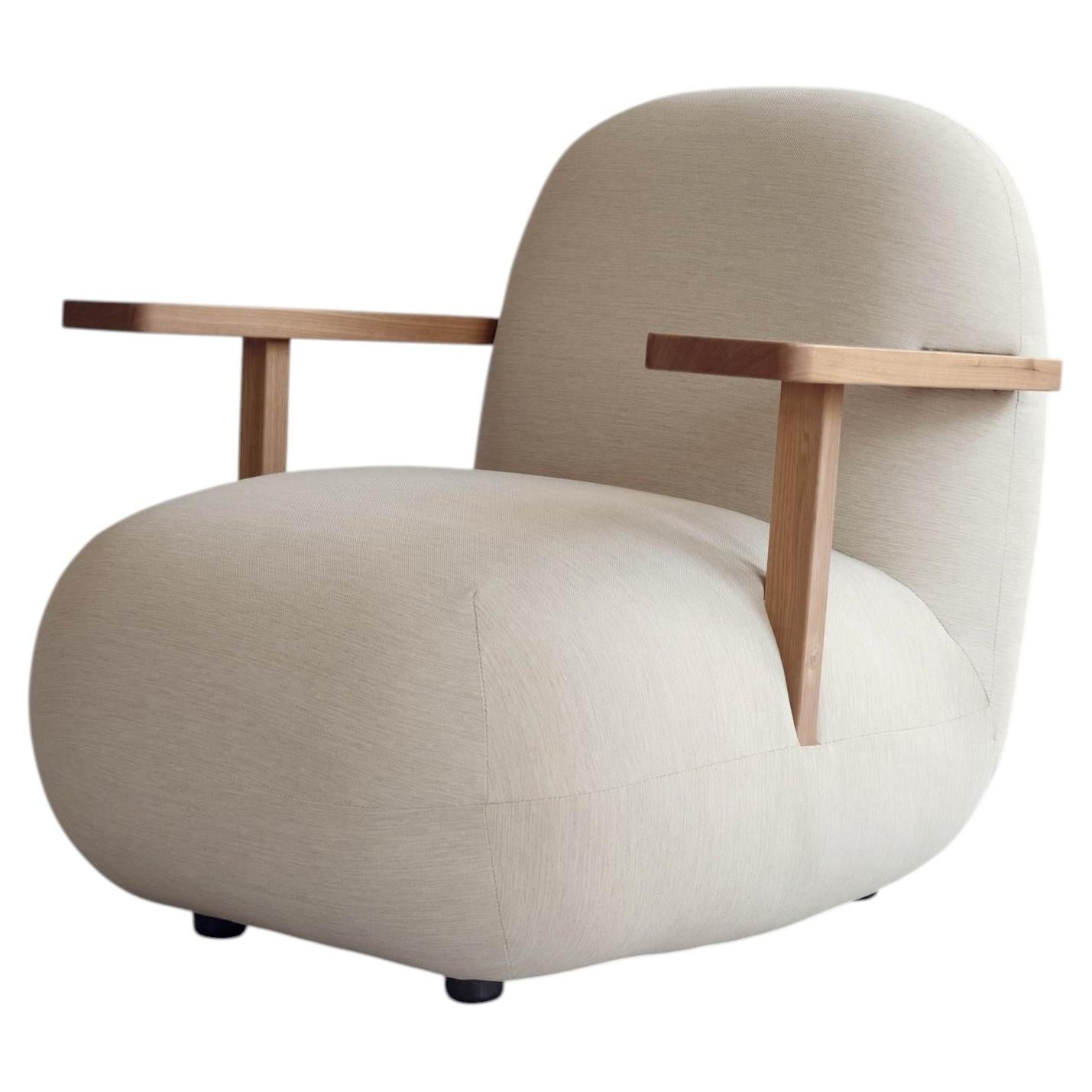 Lounge Chair With Teak Armrests in Warm Ash Outdoor Fabric For Sale
