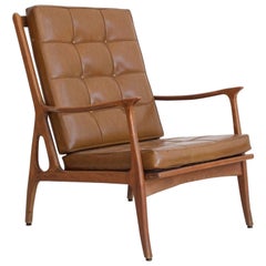 Lounge Chair with Wooden Frame and Brown Leather Cushions