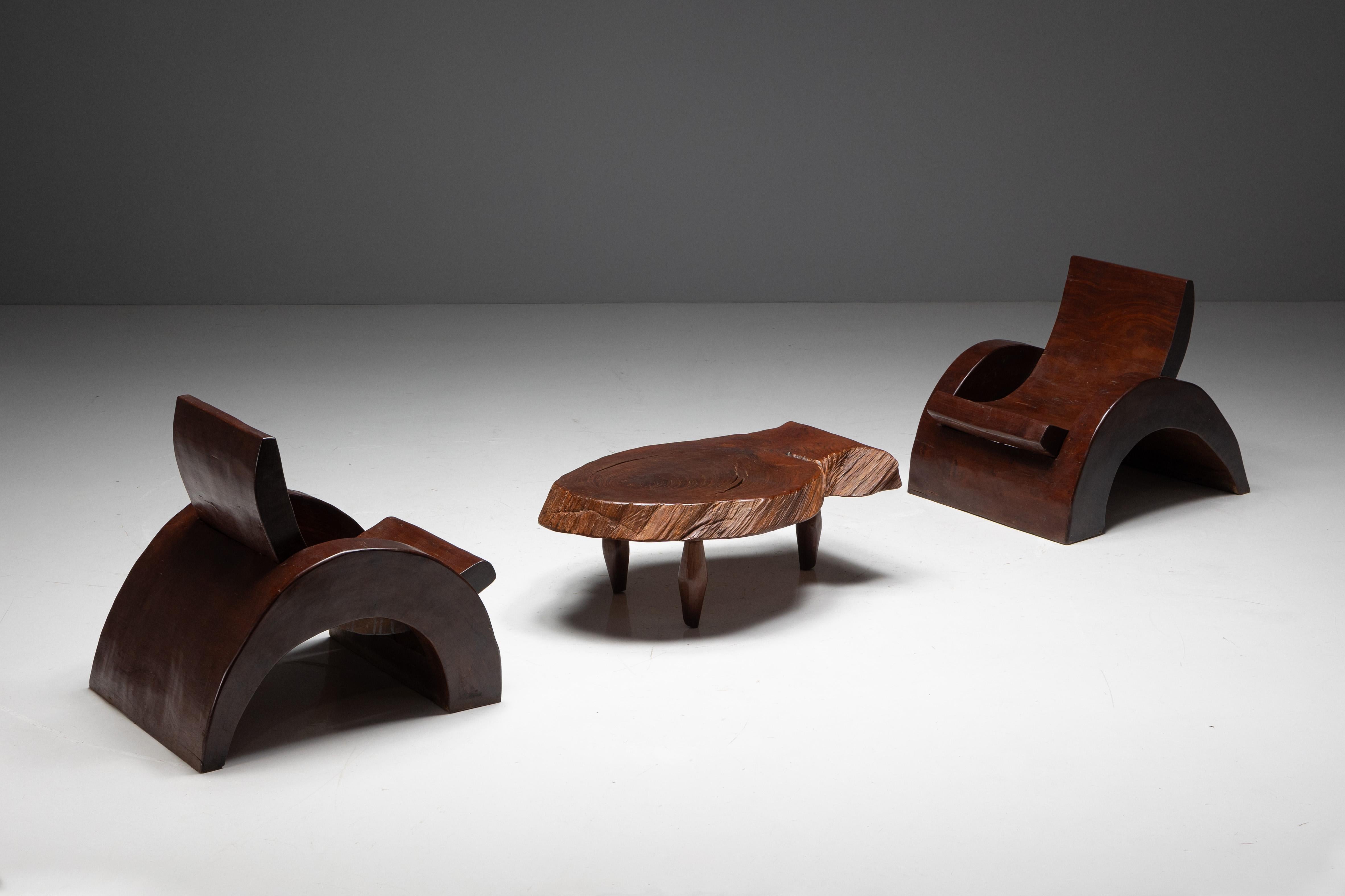 Brazilian Lounge Chairs and Coffee Table by José Zanine Caldas, Brazil, 1970s For Sale