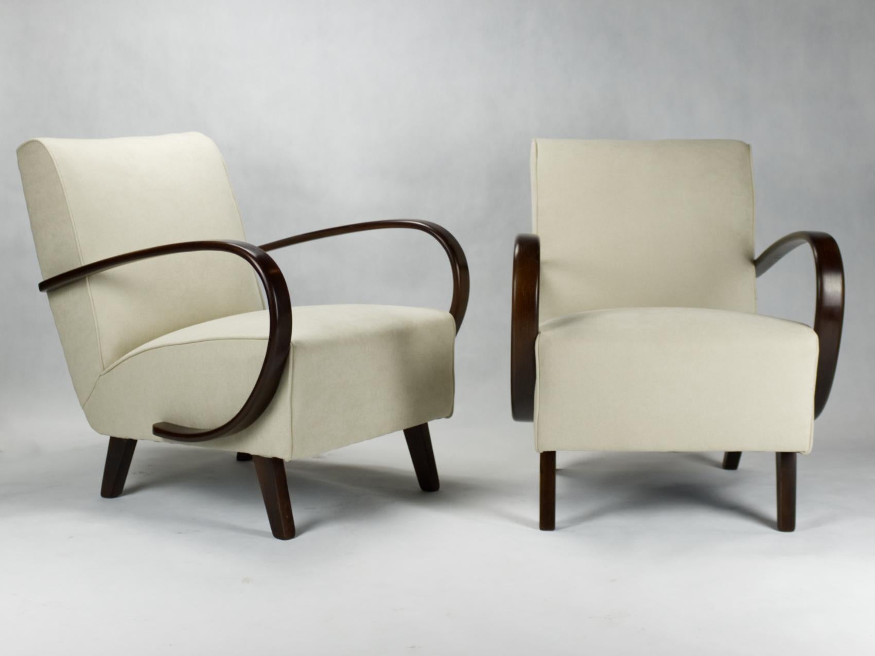 Restored and re-upholstered lounge chairs, model no. 2, designed by Jindrich Halabala and produced in Czechoslovakia in the 1930s by UP Zavody Brno.