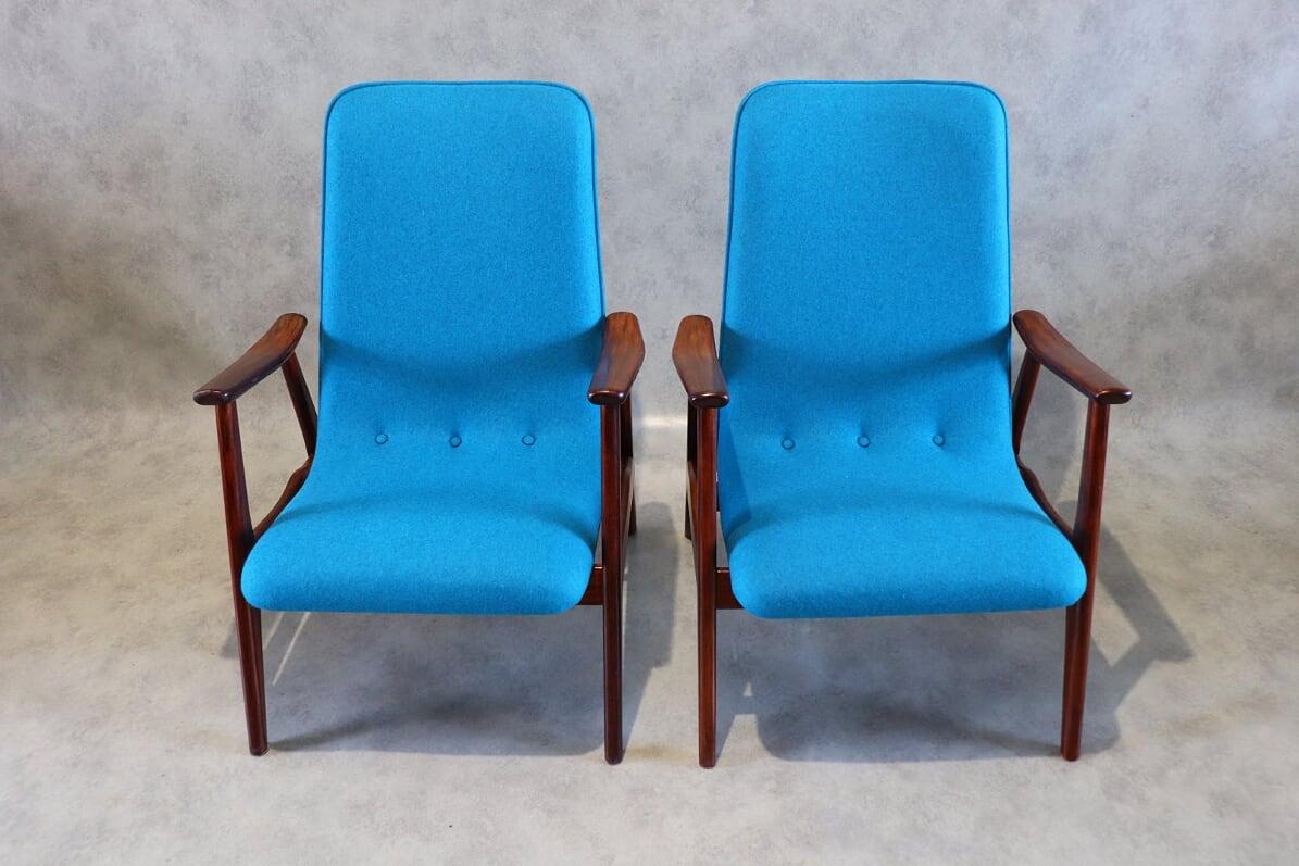 Mid-Century Modern 20th Century Blue Teak Lounge Chairs by Louis Van Teeffelen for Wébé, 1950s