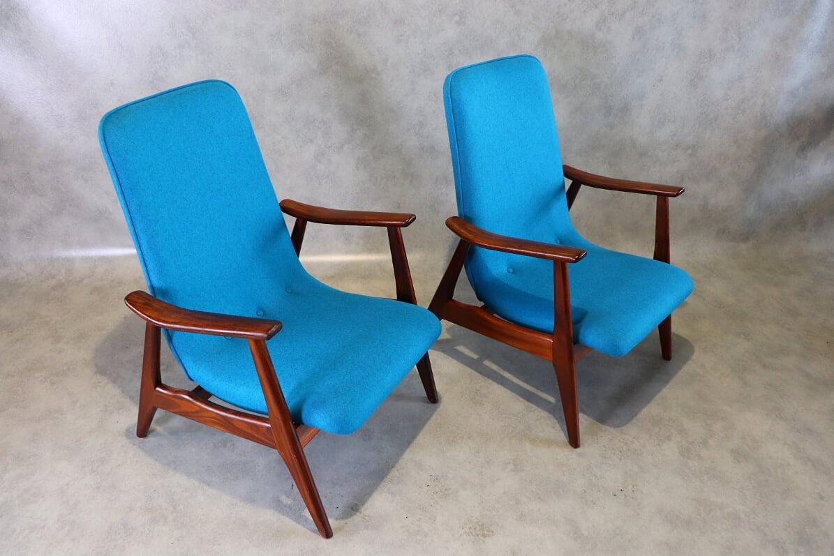 Dutch 20th Century Blue Teak Lounge Chairs by Louis Van Teeffelen for Wébé, 1950s