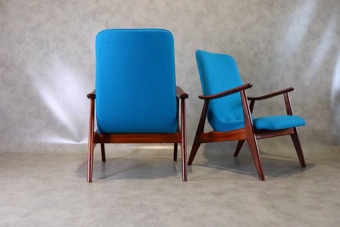 Wool 20th Century Blue Teak Lounge Chairs by Louis Van Teeffelen for Wébé, 1950s