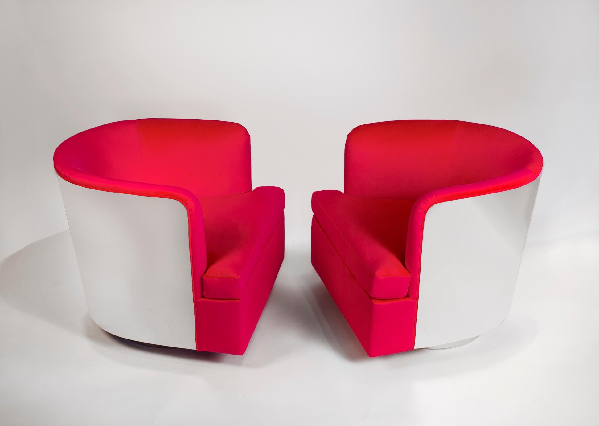 Beautiful pair of lounge chairs designed by Milo Baughman circa 1970. for Thayer Coggin. Both chairs are in excellent condition with chrome backs professionally restored with a new Perennial pink velvet upholstery.