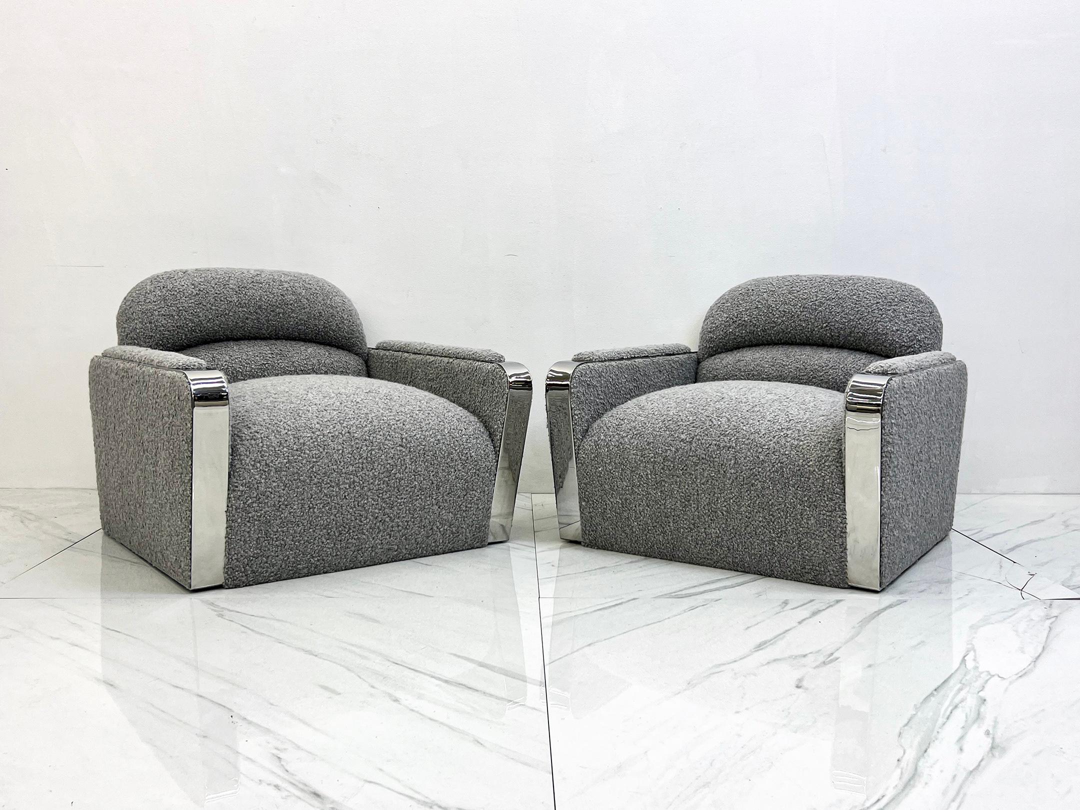 Modern Lounge Chairs by Stanley Jay Friedman for Brueton, Gray Boucle, 1980's, a Pair For Sale