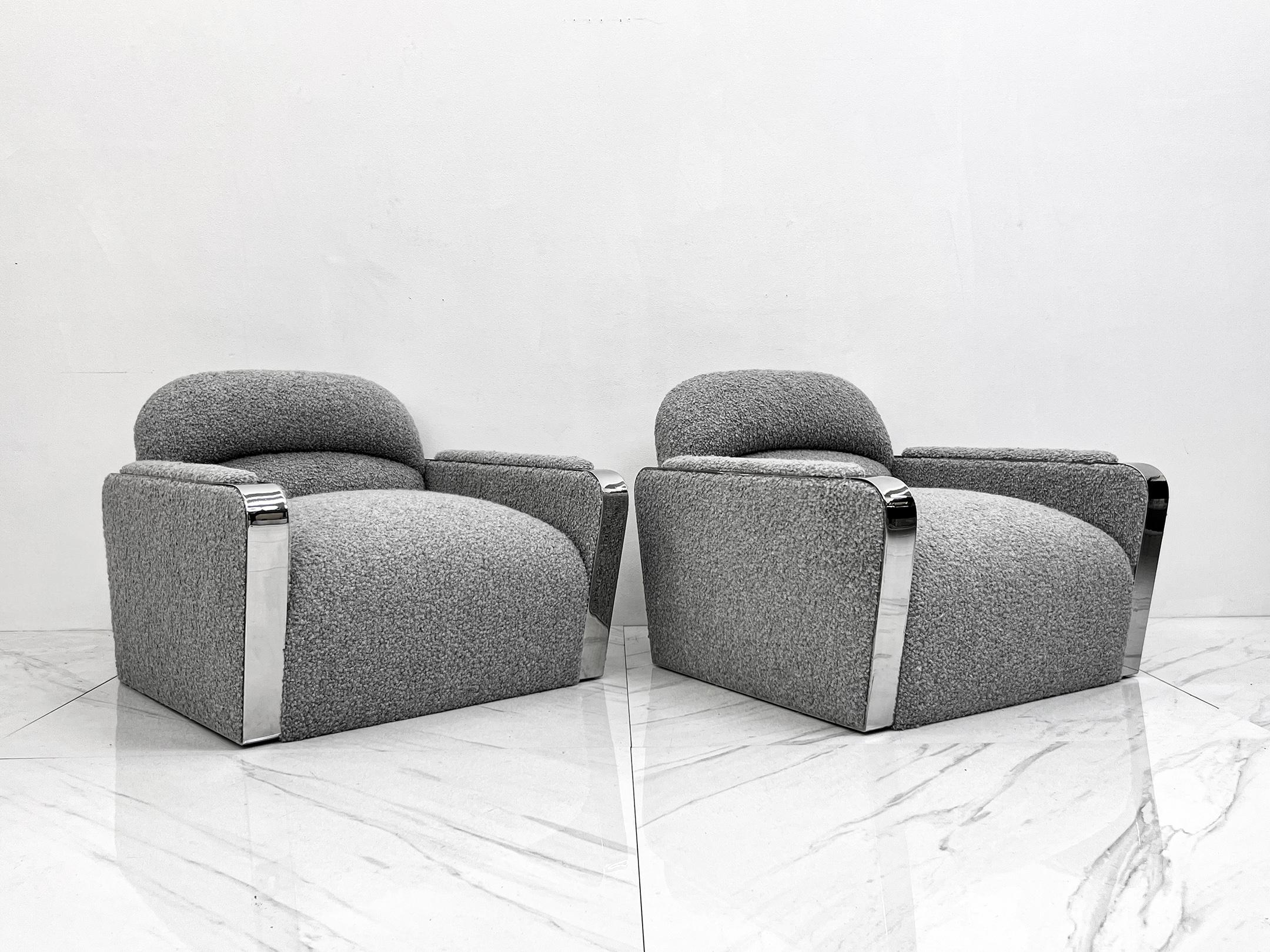 Lounge Chairs by Stanley Jay Friedman for Brueton, Gray Boucle, 1980's, a Pair In Good Condition For Sale In Culver City, CA