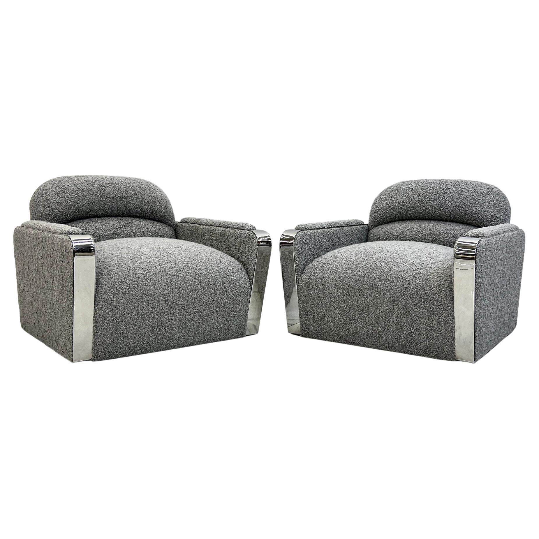 Lounge Chairs by Stanley Jay Friedman for Brueton, Gray Boucle, 1980's, a Pair For Sale