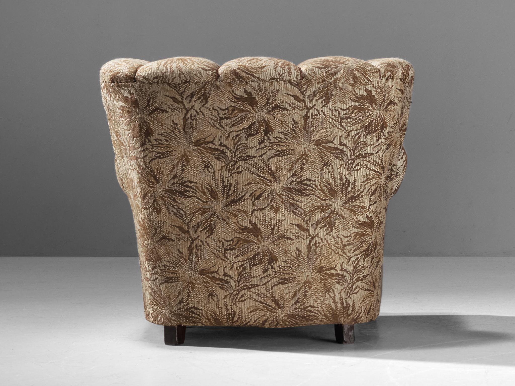 Mid-Century Modern Lounge Chairs in Brown and Beige Floral Upholstery