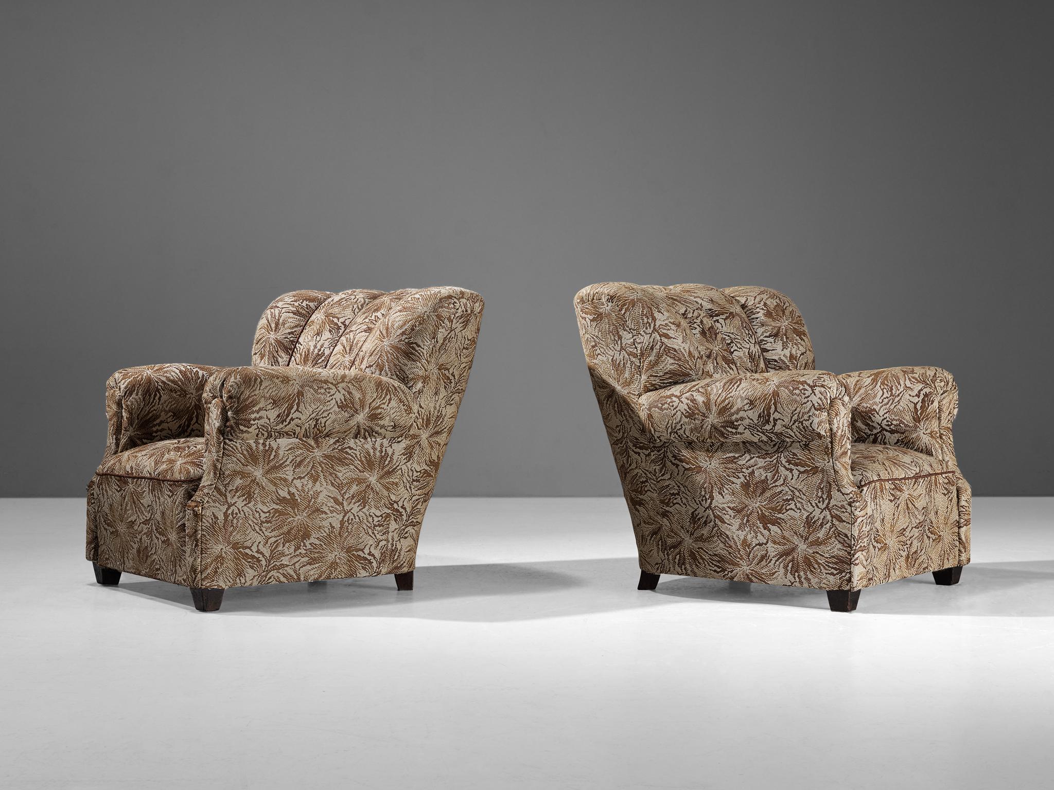 Czech Lounge Chairs in Brown and Beige Floral Upholstery