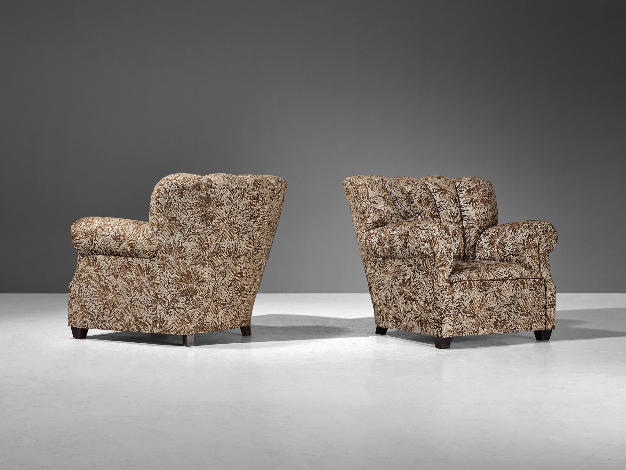 Mid-20th Century Lounge Chairs in Brown and Beige Floral Upholstery