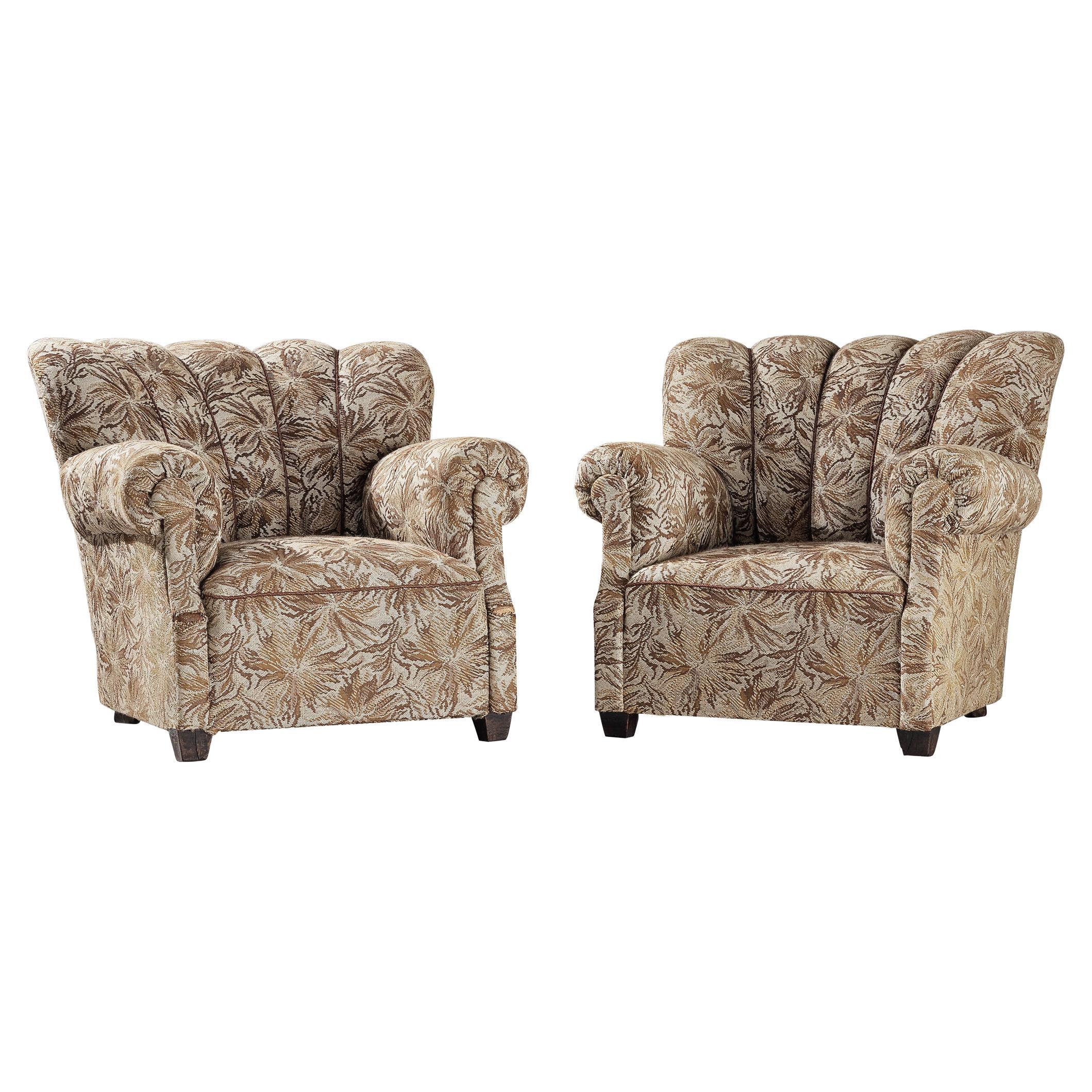 Lounge Chairs in Brown and Beige Floral Upholstery