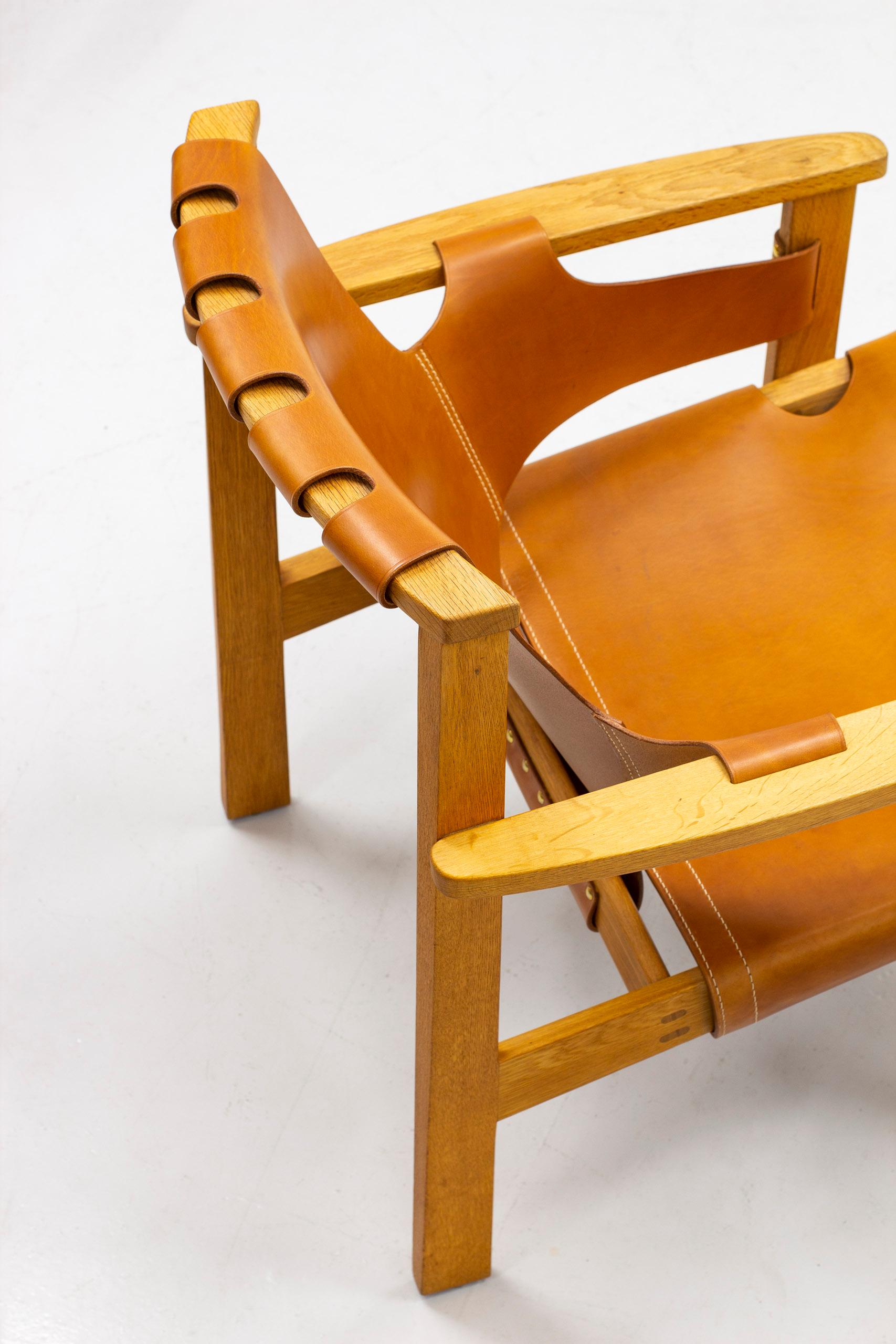 Brass Lounge Chairs in Oak and Leather by Carl-Axel Acking, Nk, Nordiska Kompaniet
