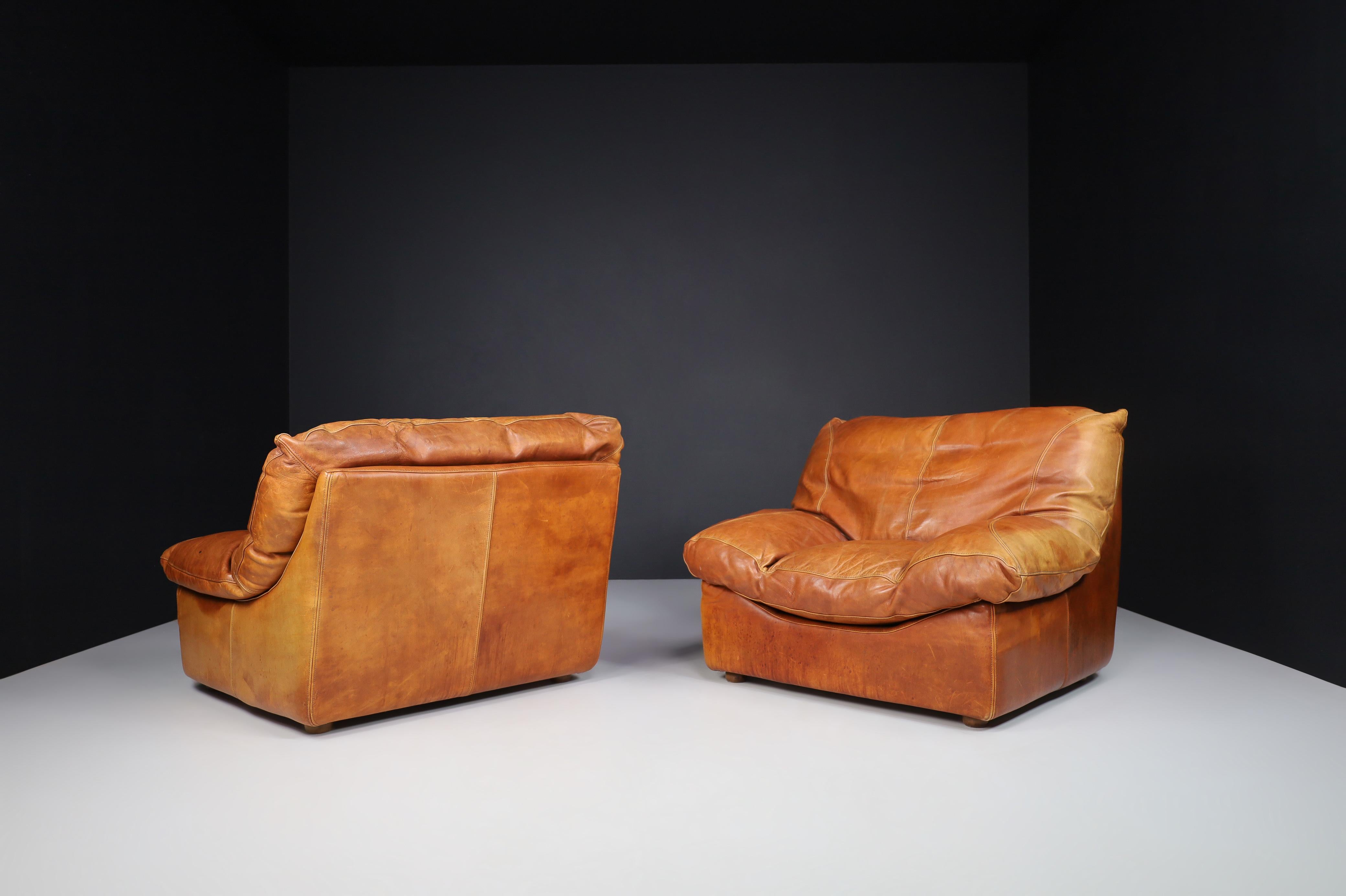 Lounge Chairs in Patinated Cognac Leather, France 1970 For Sale 4