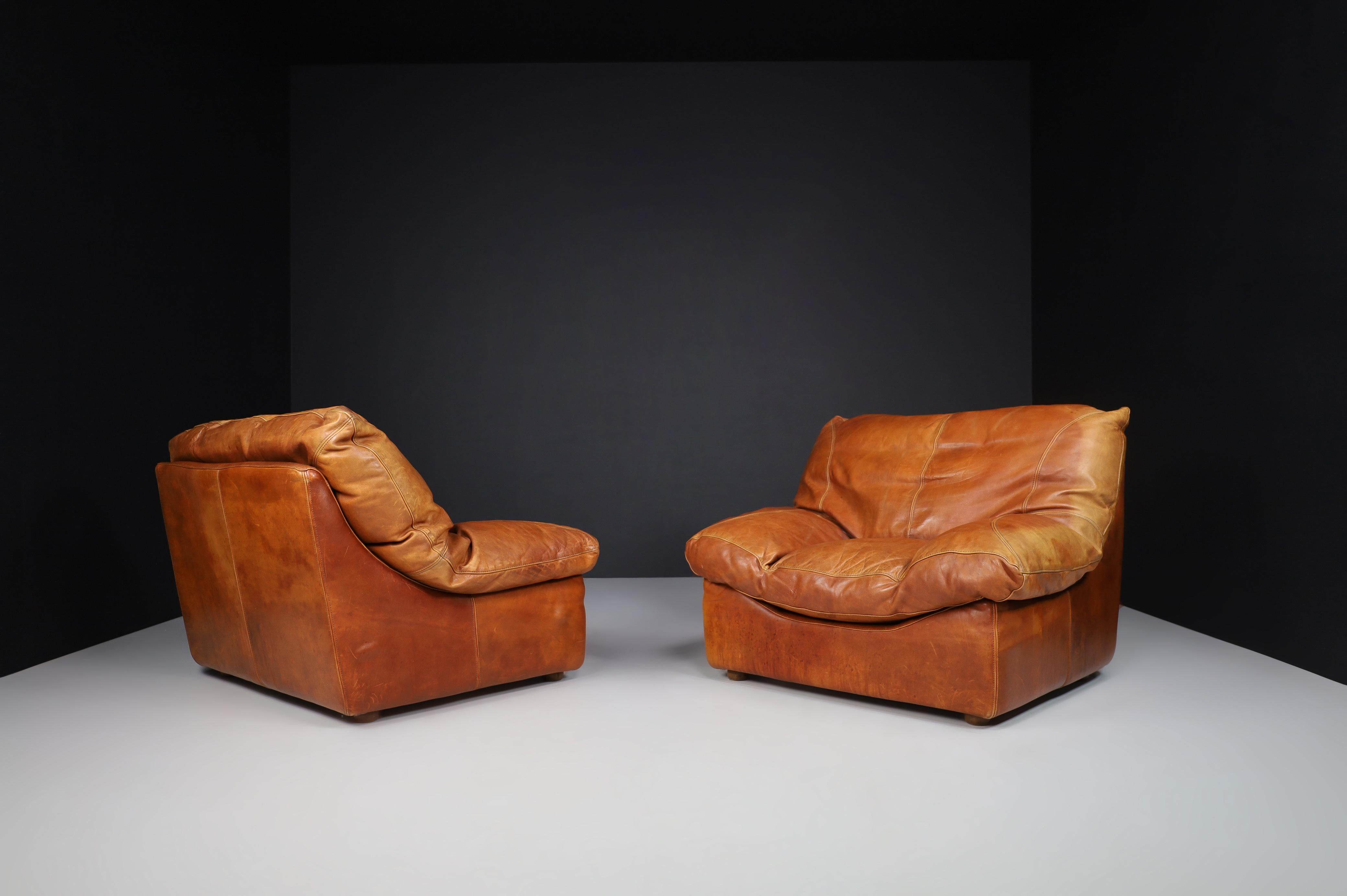 Lounge Chairs in Patinated Cognac Leather, France 1970 For Sale 5