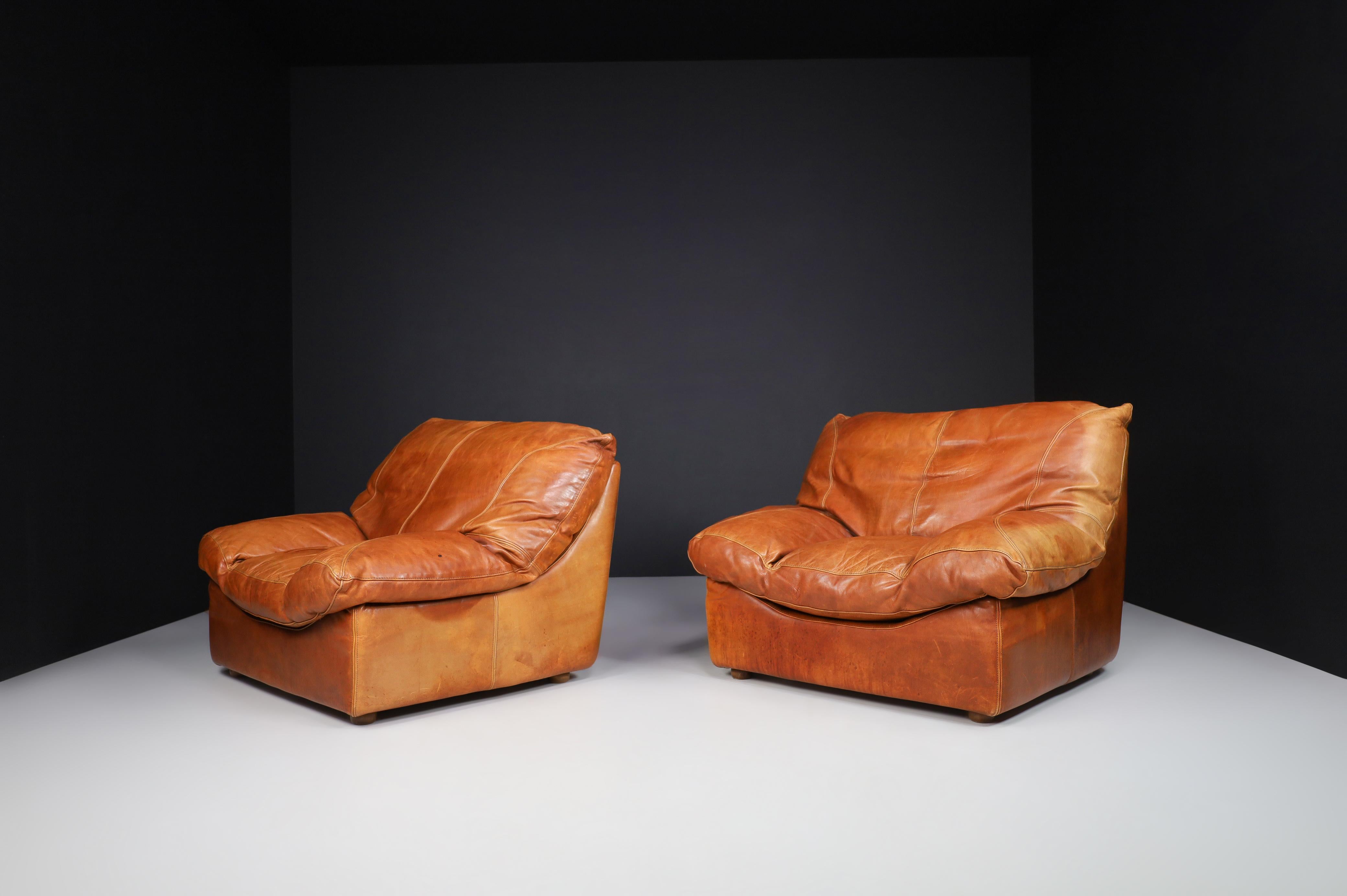 Lounge Chairs in Patinated Cognac Leather, France 1970 For Sale 2