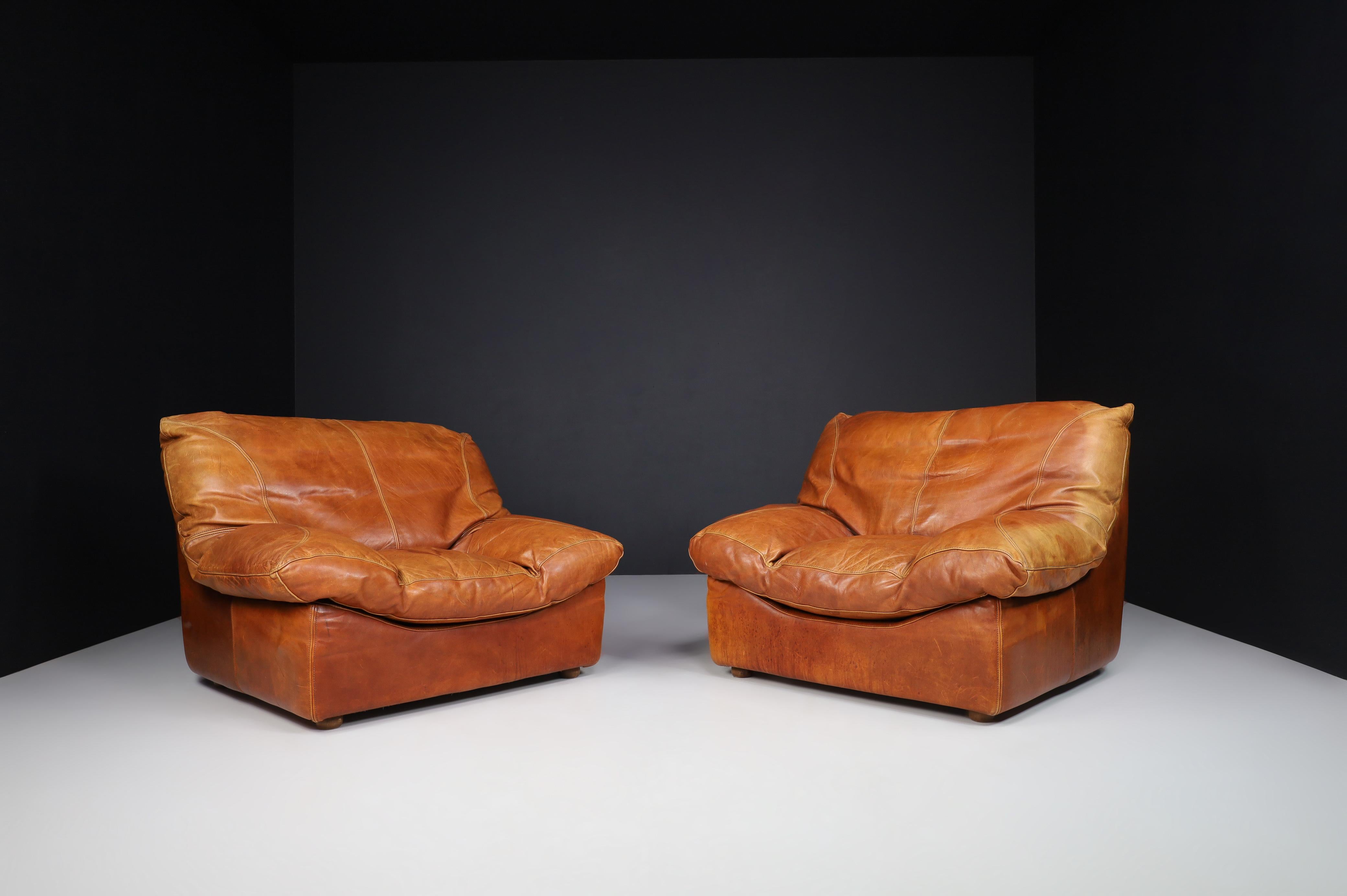 Lounge Chairs in Patinated Cognac Leather, France 1970 For Sale 3