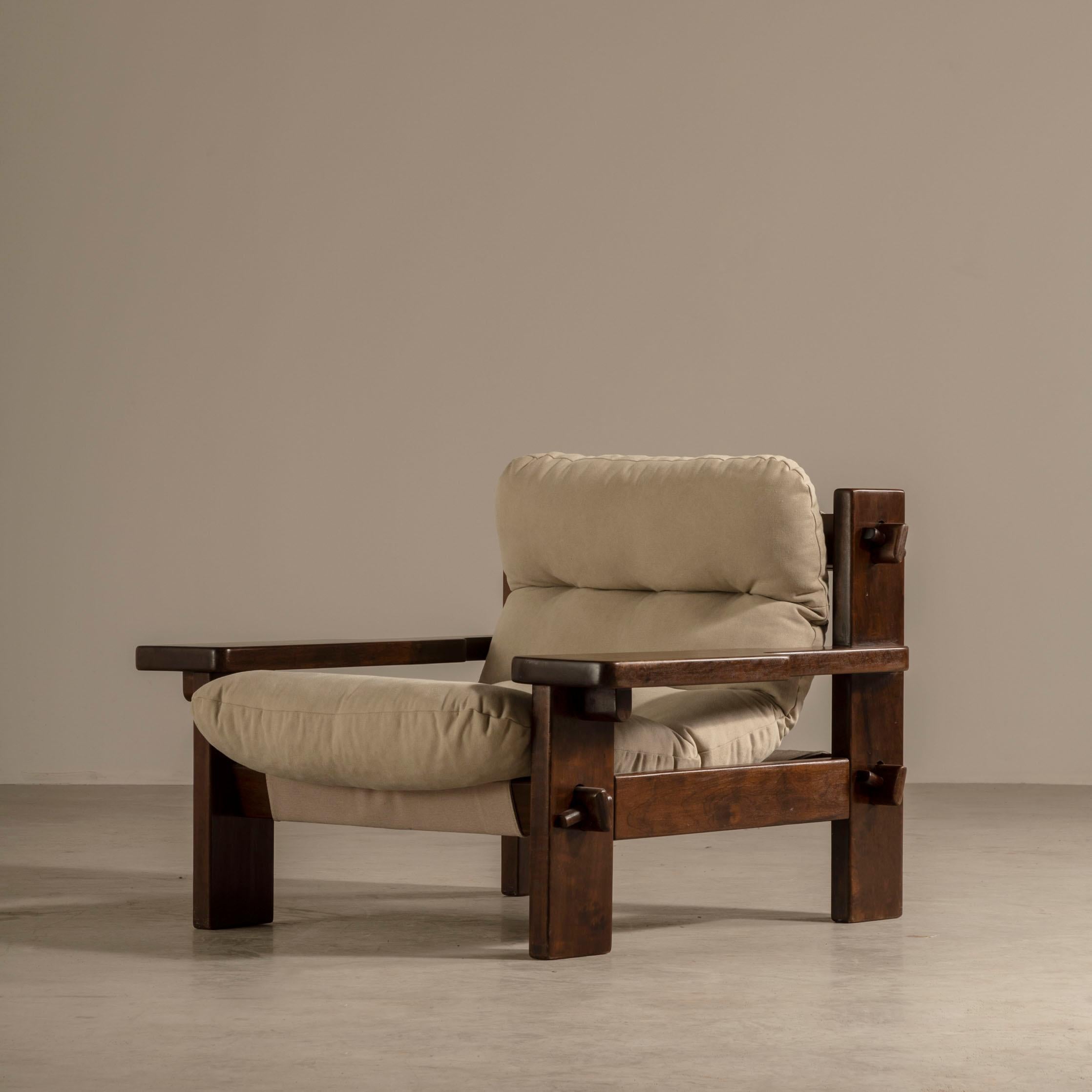 Fabric Lounge Chairs in Solid Hardwood, by Jean Gillon, Brazilian Mid-century Design For Sale