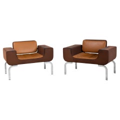 Pair of Brown Lounge Chairs, Fabric and Metal, Italy 1970s