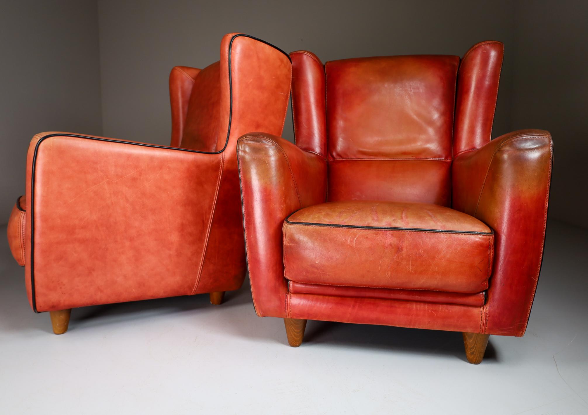 Lounge Chairs P.Baxter for Baxter Italy Model Bergére in Warm Patinated Leather In Good Condition In Almelo, NL