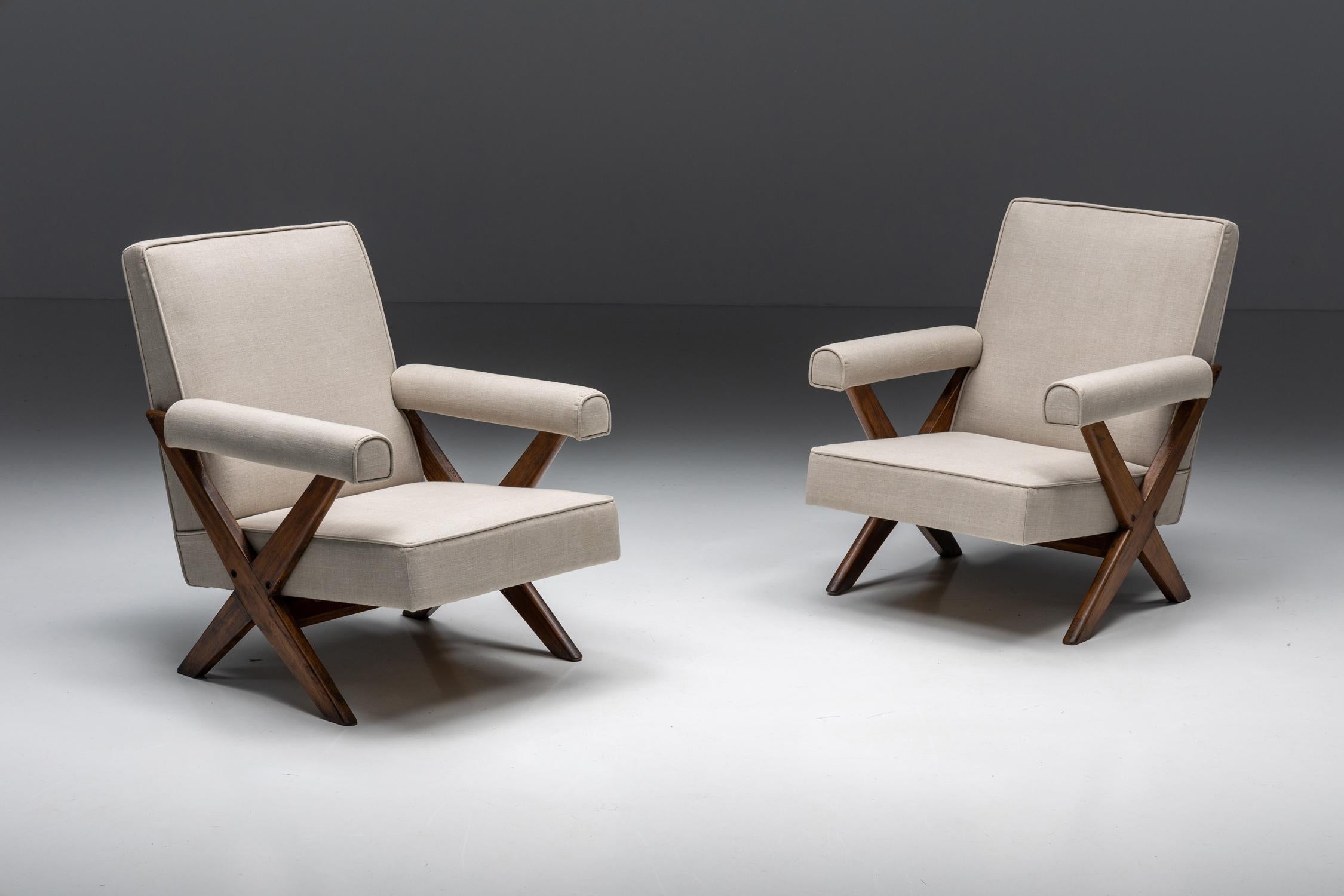 Lounge Chairs PJ-SI-48-A by Pierre Jeanneret, Solid Teak, Chandigarh, 1960s

Comfortable upholstered lounge chairs by Pierre Jeanneret were created for the city of Chandigarh in India, the utopian city created by his cousin Le Corbusier. These