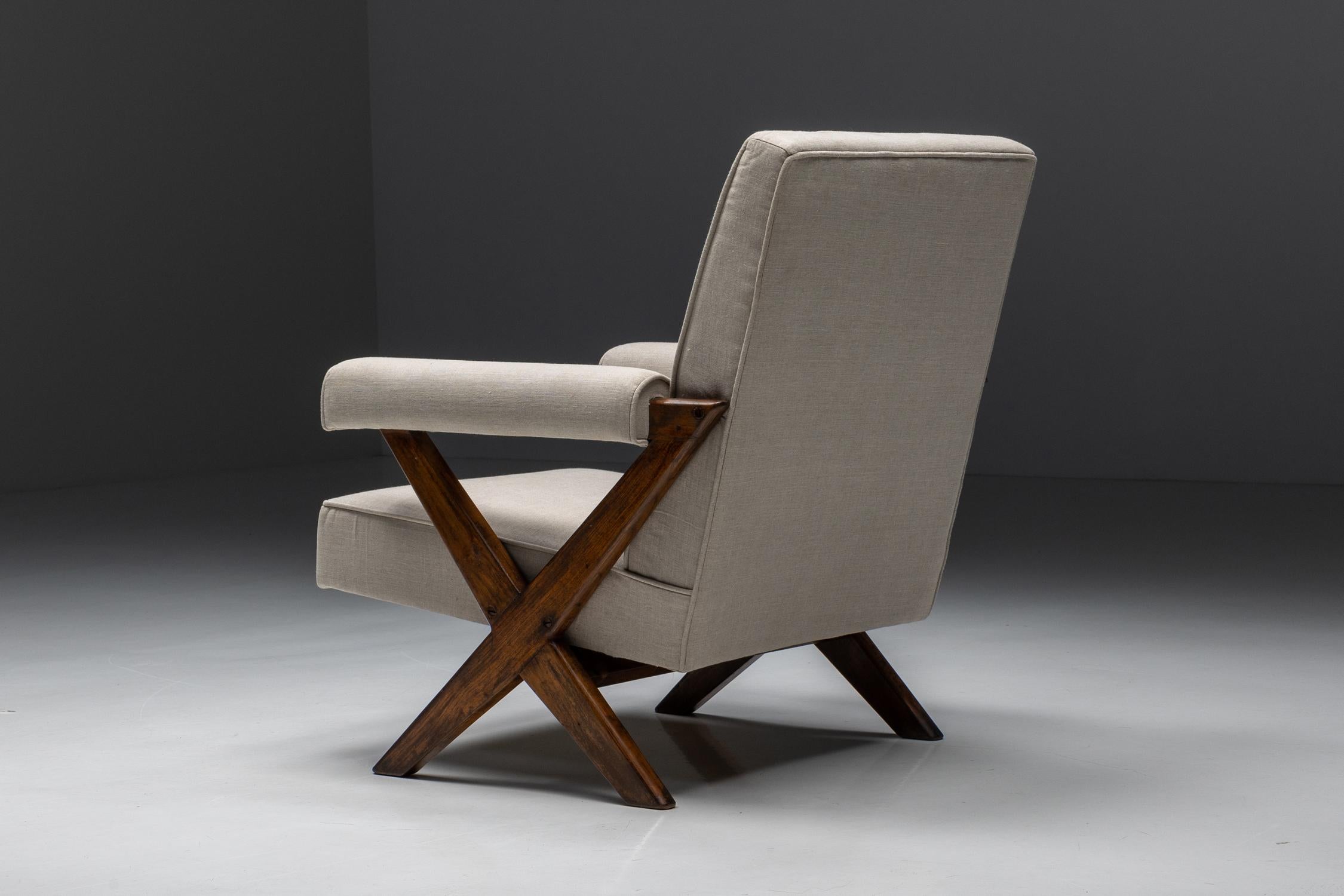 Fabric Lounge Chairs PJ-SI-48-A by Pierre Jeanneret, Solid Teak, Chandigarh, 1960s