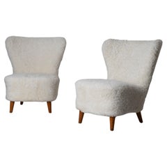 Lounge Chairs Swedish Off White Sheepskin 20th Century Sweden
