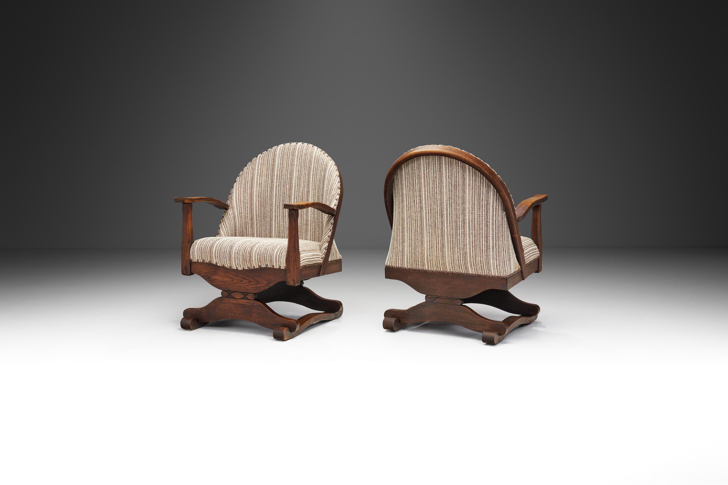 Mid-Century Modern Lounge Chairs with Dark Stained Oak Frames and Carved Details, Spain 1930s For Sale