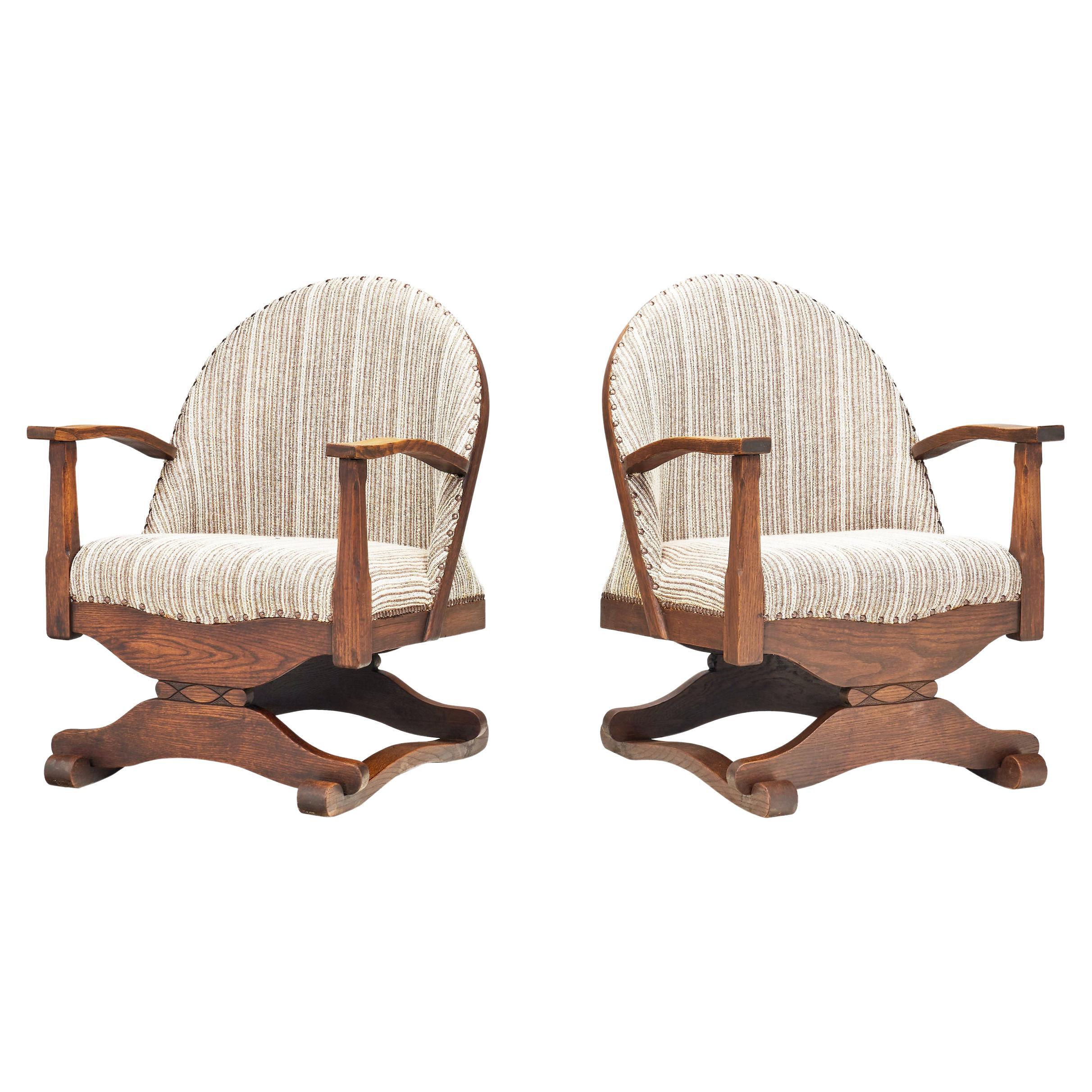 Lounge Chairs with Dark Stained Oak Frames and Carved Details, Spain 1930s For Sale