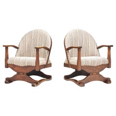 Antique Lounge Chairs with Dark Stained Oak Frames and Carved Details, Spain 1930s