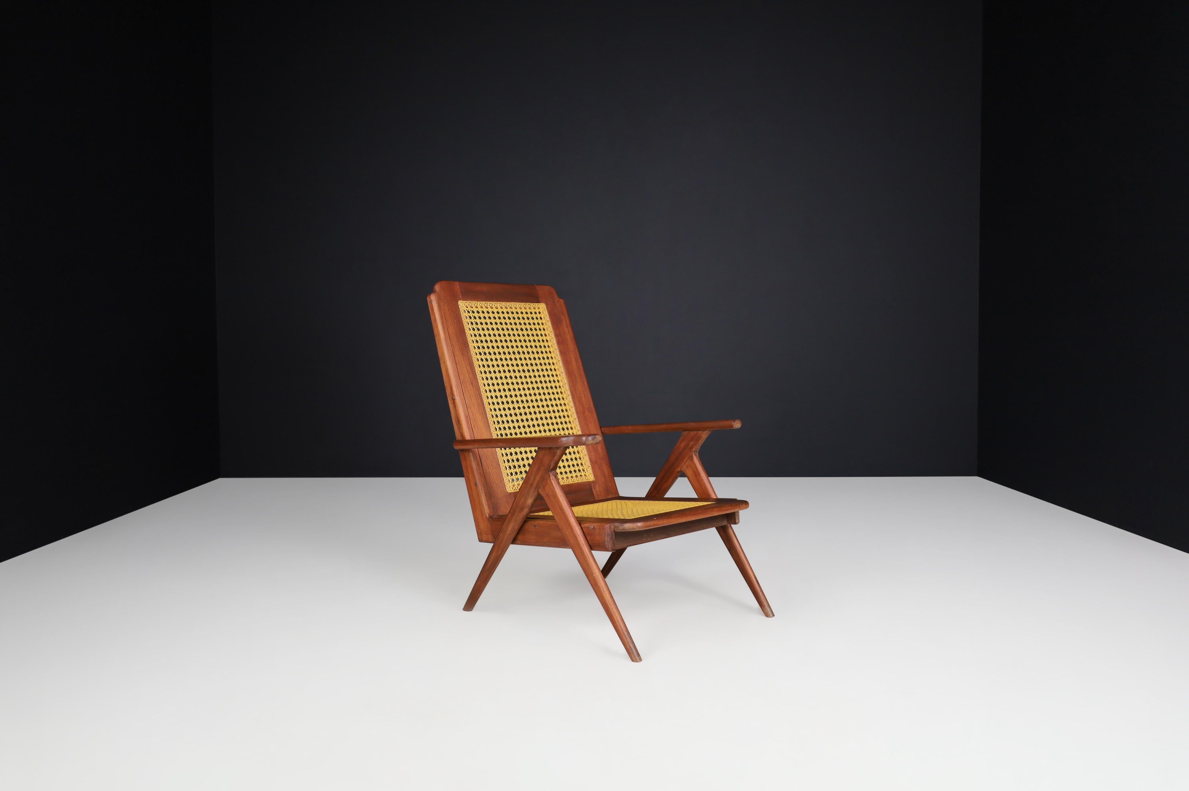 Loungesessel aus Hartholz mit Struktur und Webbing, Frankreich 1950er Jahre im Angebot 8