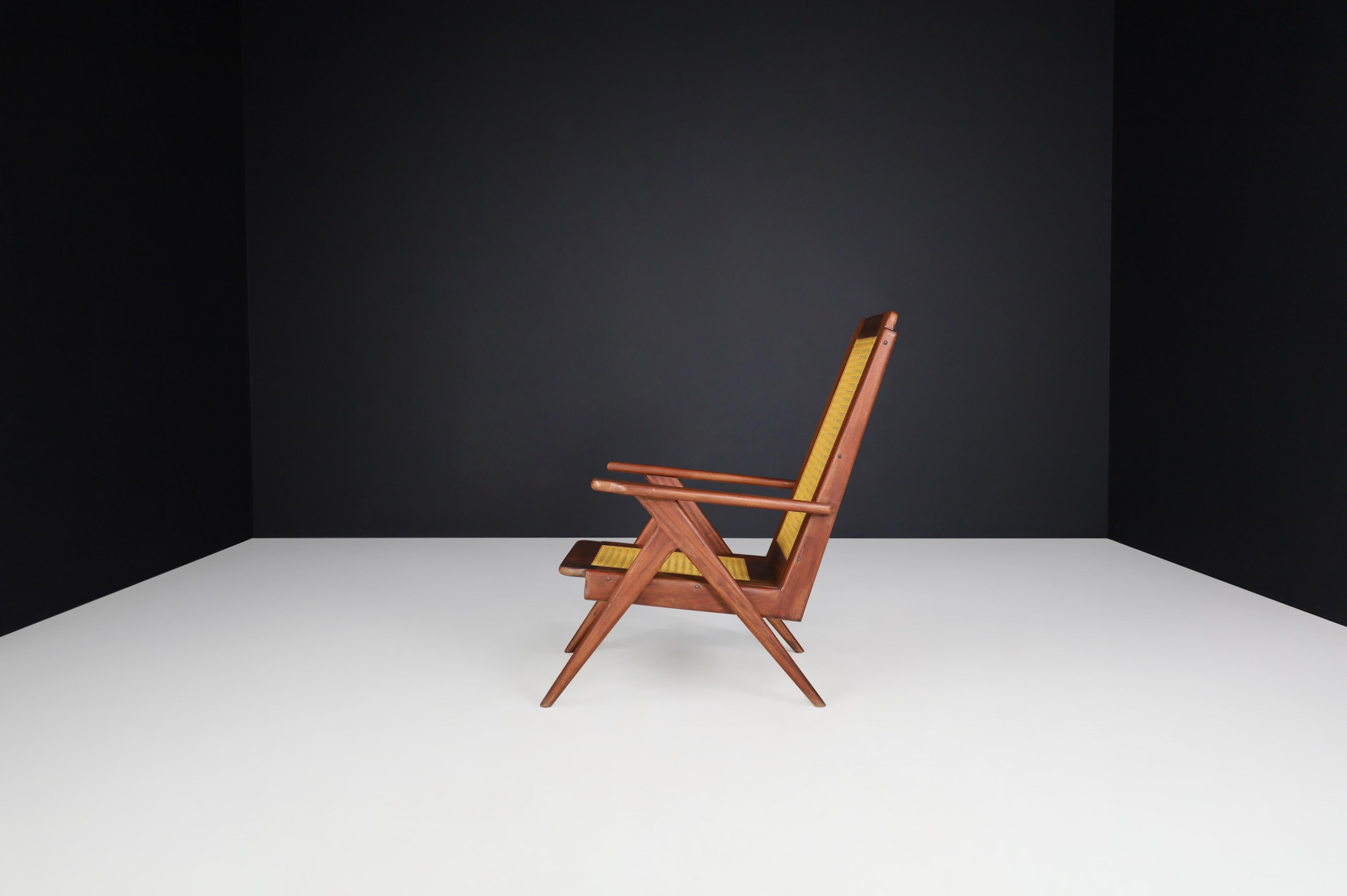 Loungesessel aus Hartholz mit Struktur und Webbing, Frankreich 1950er Jahre im Angebot 2